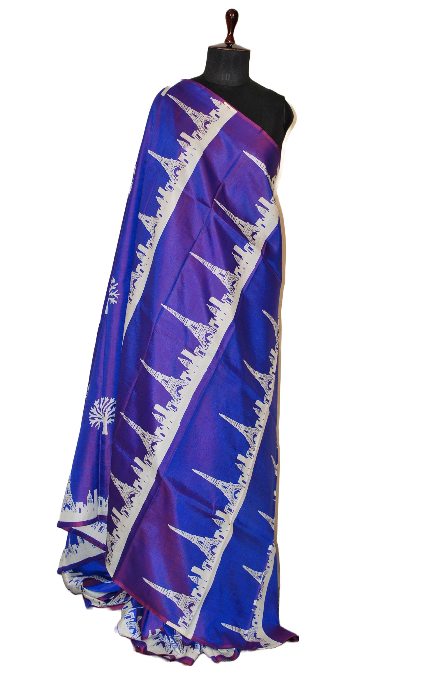 Hand Block Printed Bishnupuri Pure Silk Saree in Purple and Off White