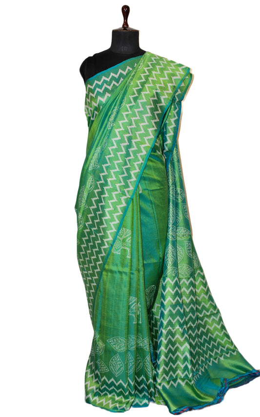 Hand Block Printed Bishnupuri Pure Silk Saree in Chateau Green and Off White