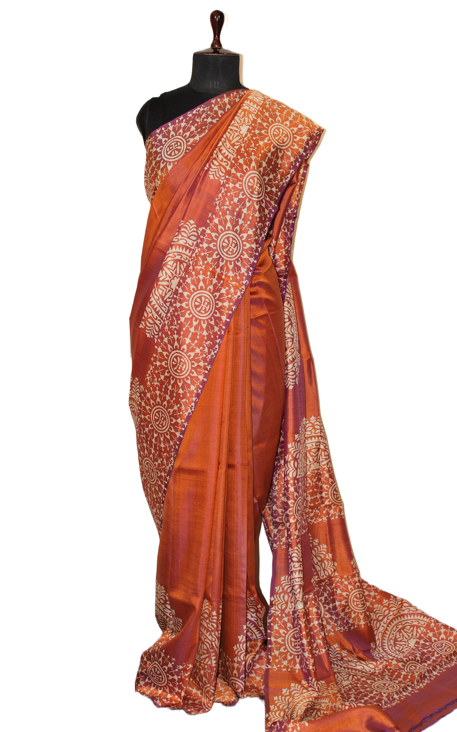 Hand Block Printed Bishnupuri Pure Silk Saree in Metallic Copper and Off White