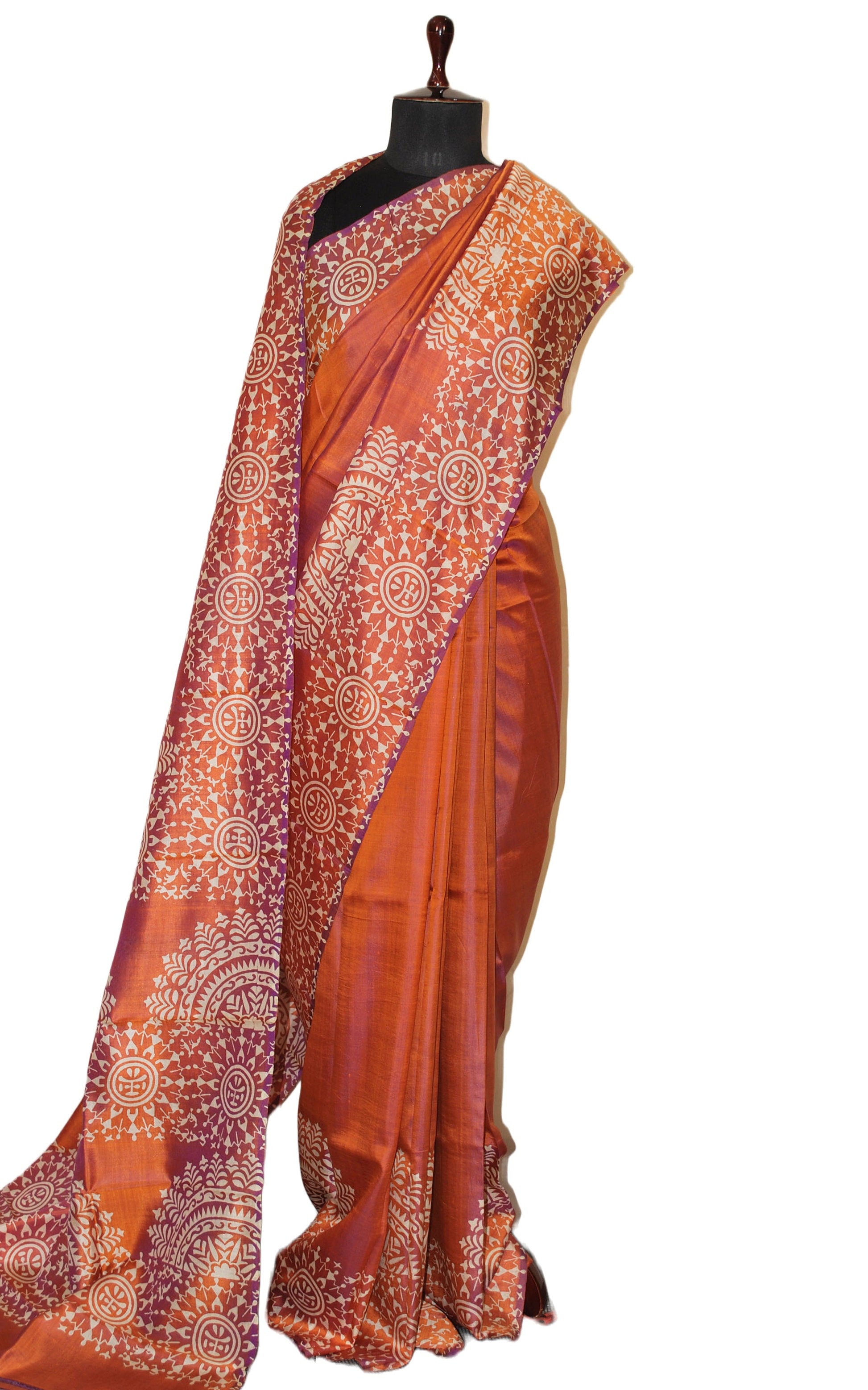 Hand Block Printed Bishnupuri Pure Silk Saree in Metallic Copper and Off White