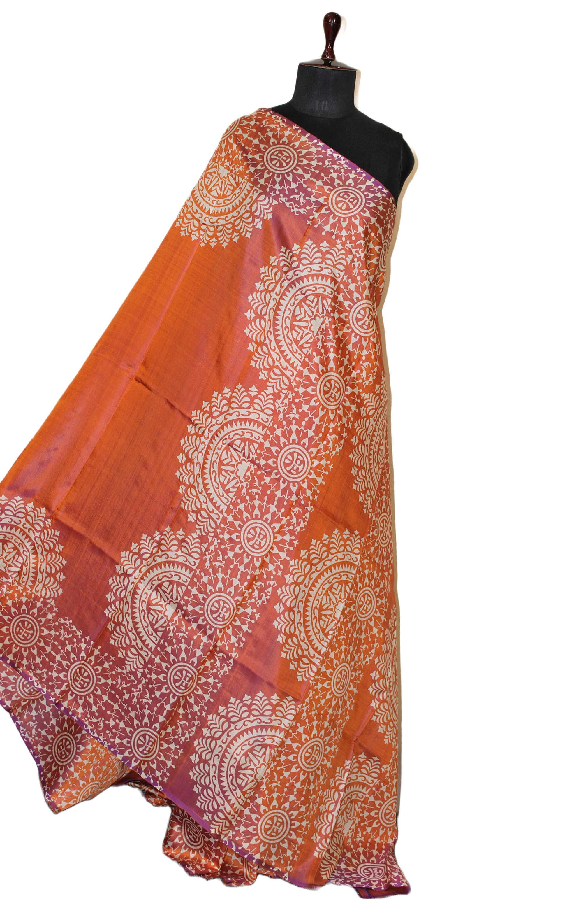 Hand Block Printed Bishnupuri Pure Silk Saree in Metallic Copper and Off White