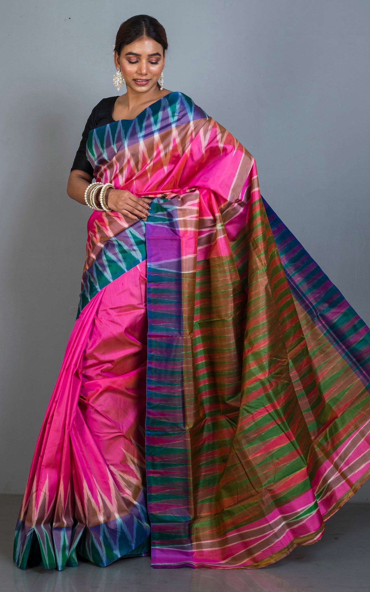 Bishnupuri Double Ikkat Pure Silk Saree in Rose Pink, Green and Multicolored