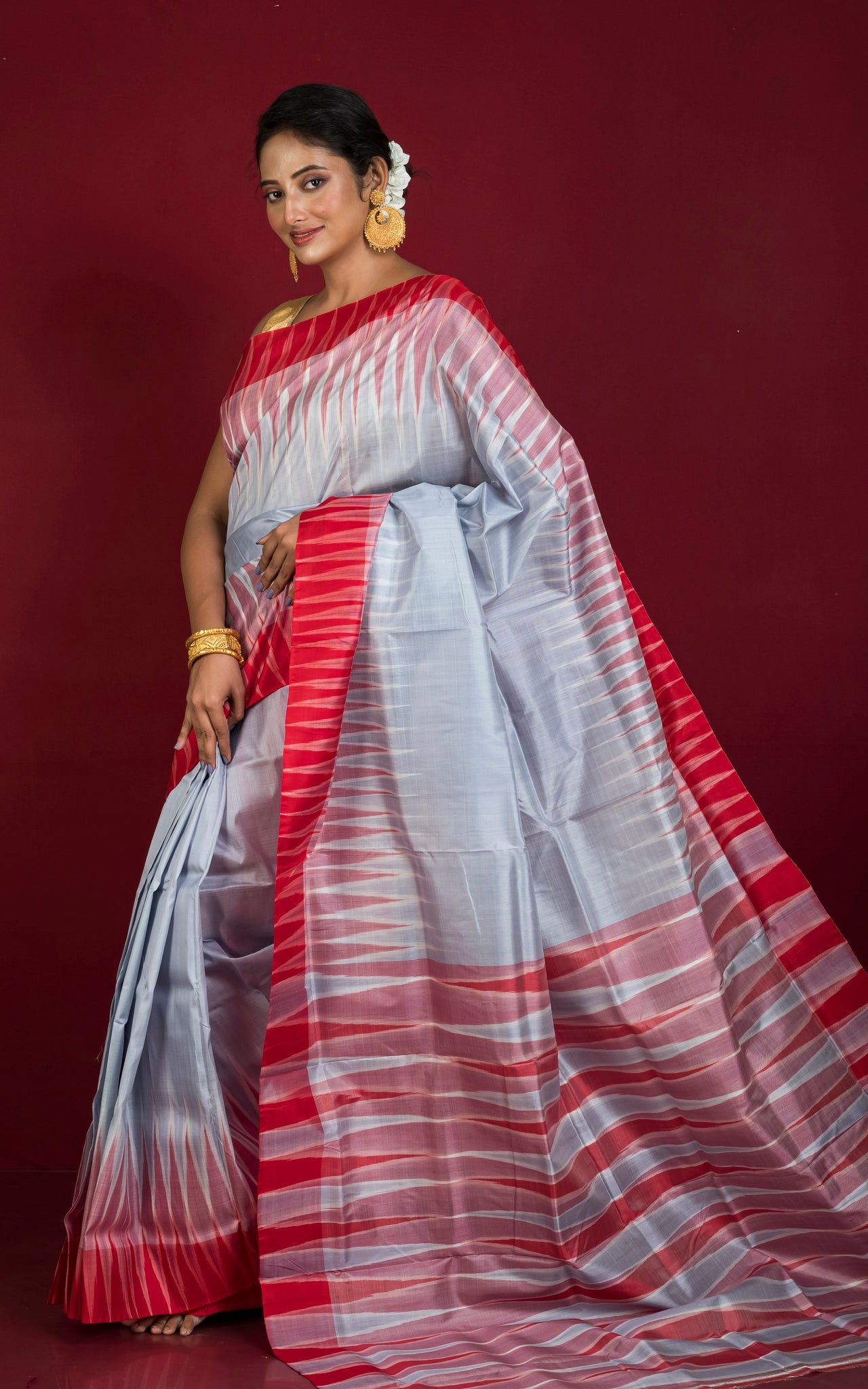 Bishnupuri Double Ikkat Pure Silk Saree in Ash, Red and Off White