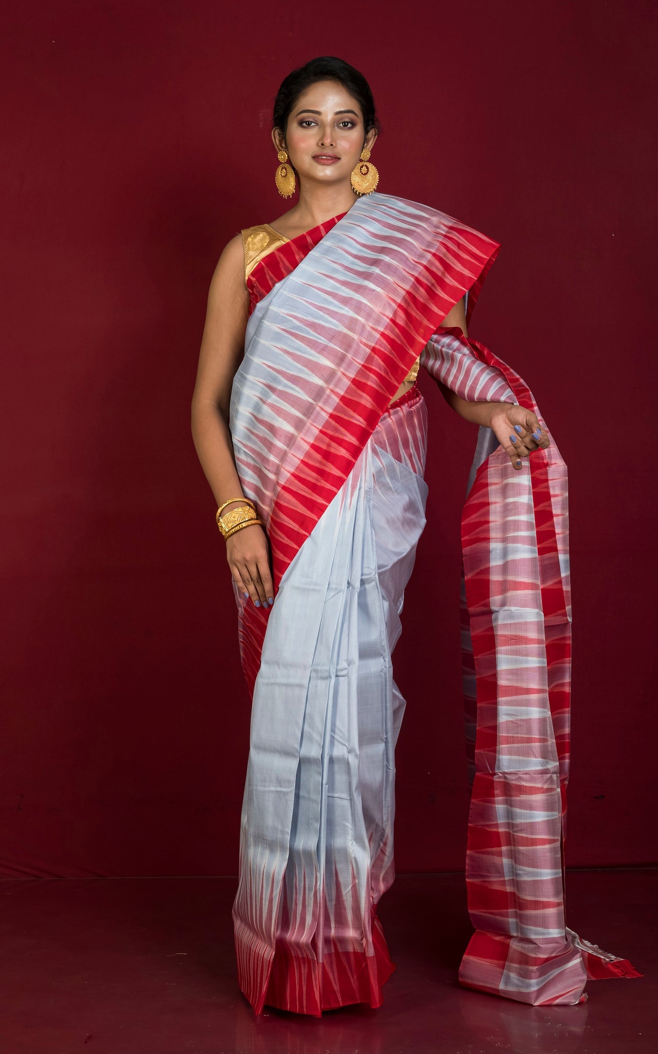 Bishnupuri Double Ikkat Pure Silk Saree in Ash, Red and Off White