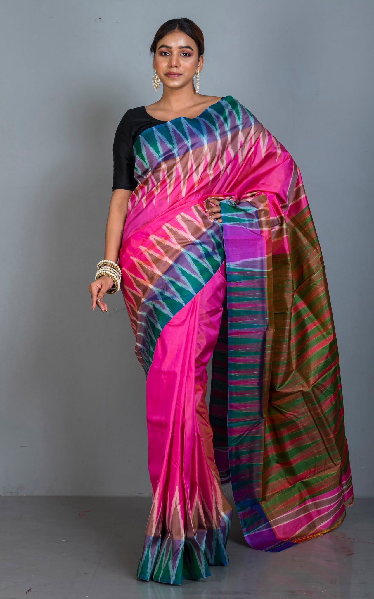 Bishnupuri Double Ikkat Pure Silk Saree in Rose Pink, Green and Multicolored