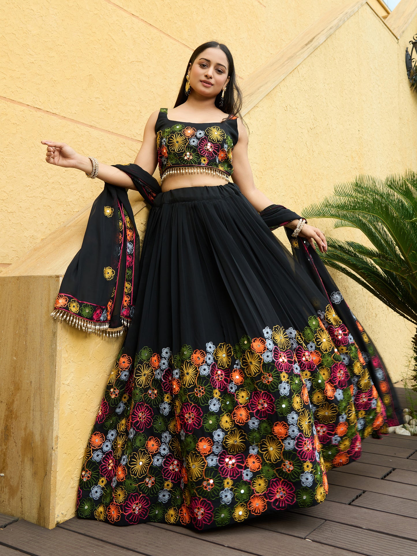 Black Navratri Chaniya Choli Mirror work Lehenga