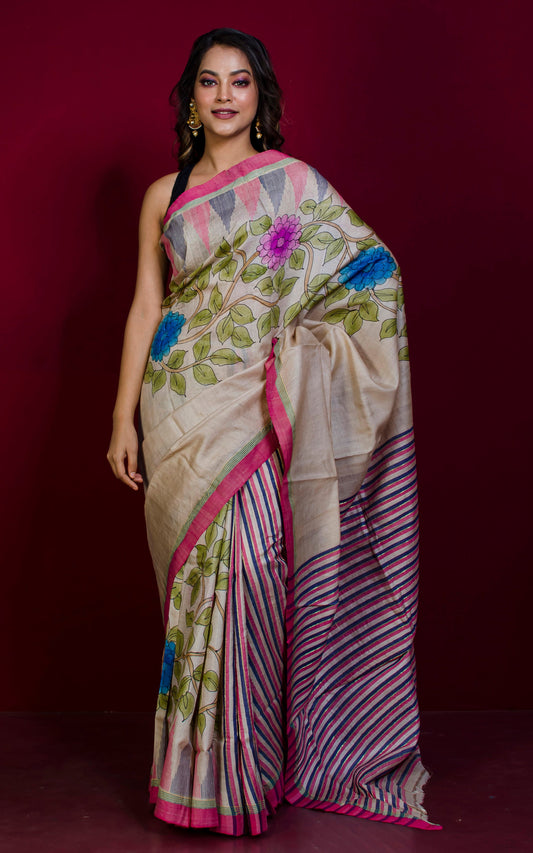 Handwoven Temple Border Boutique Block Printed Tussar Silk Saree in Beige and Multicolored