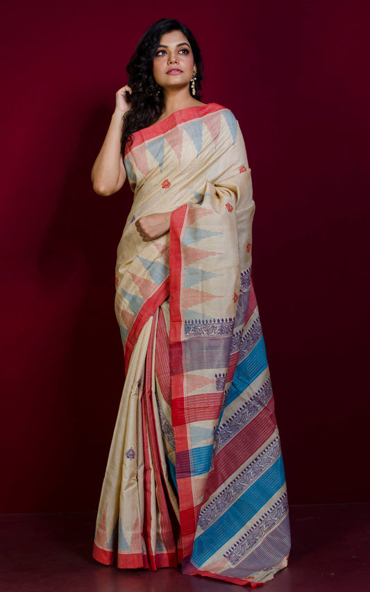 Handwoven Temple Border Boutique Block Printed Tussar Silk Saree in Parmesan and Multicolored