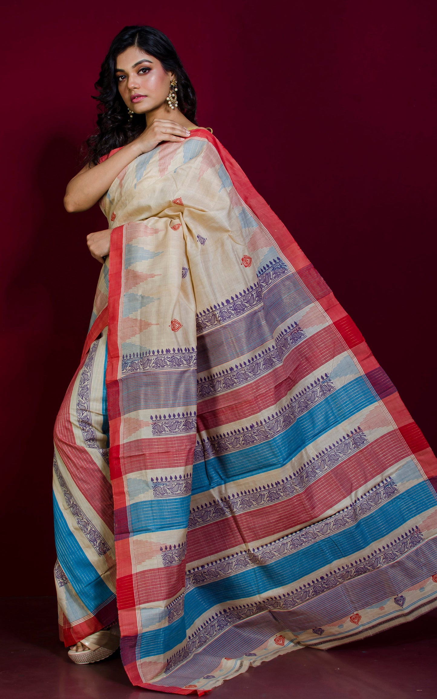 Handwoven Temple Border Boutique Block Printed Tussar Silk Saree in Parmesan and Multicolored