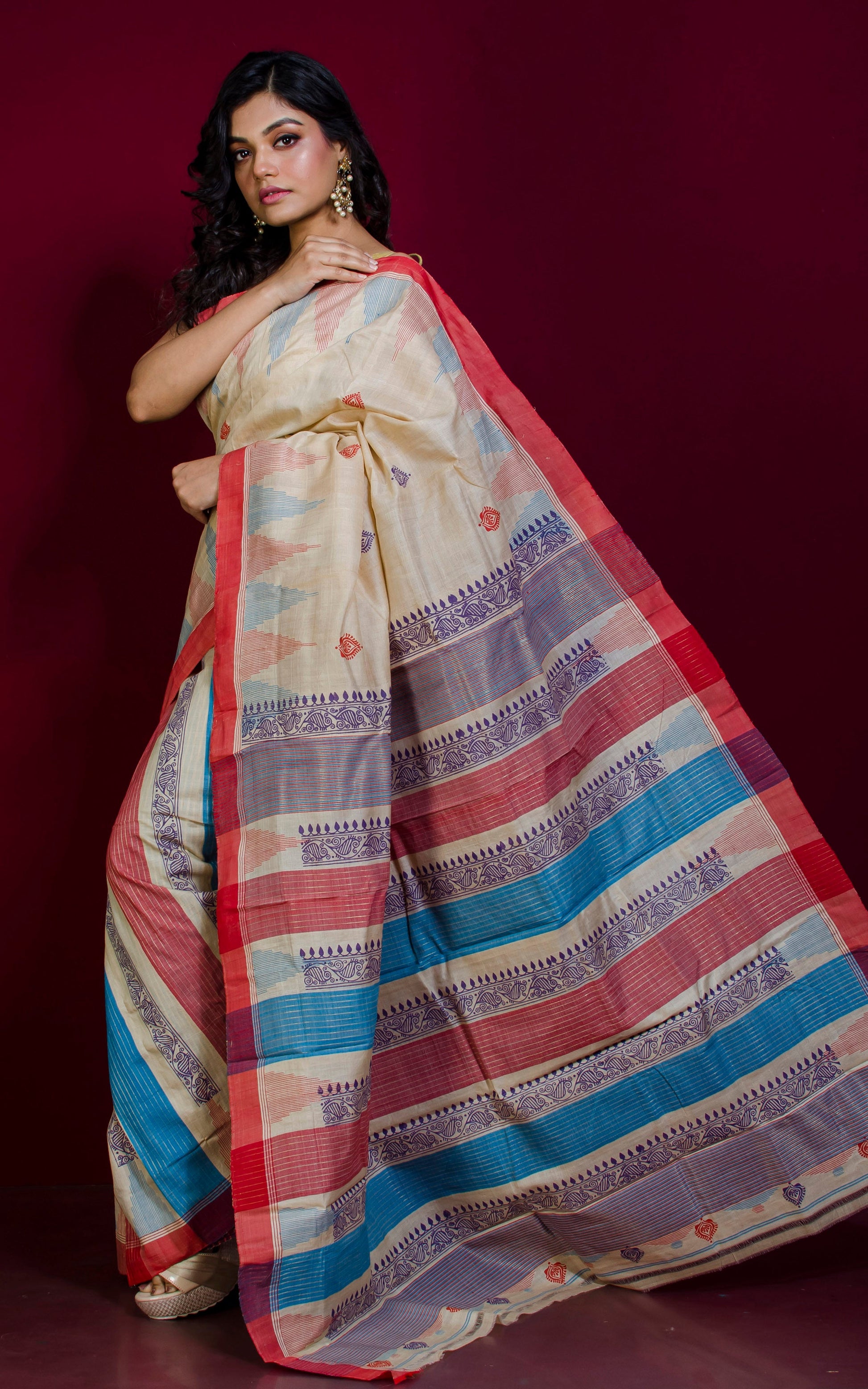 Handwoven Temple Border Boutique Block Printed Tussar Silk Saree in Parmesan and Multicolored