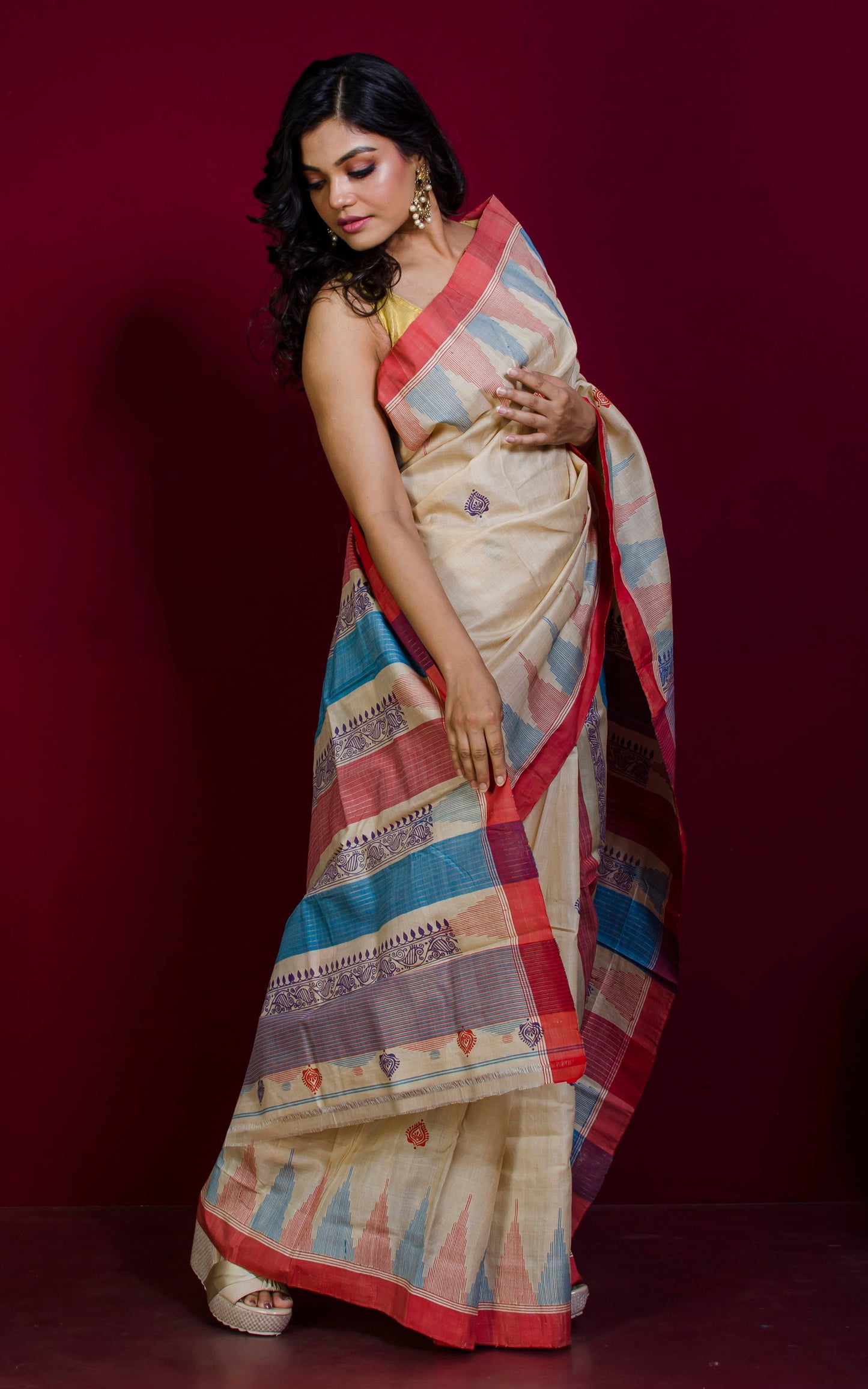 Handwoven Temple Border Boutique Block Printed Tussar Silk Saree in Parmesan and Multicolored