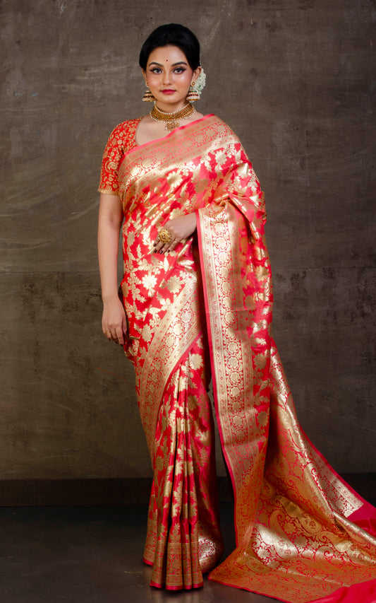 Jangla Brocade Banarasi Saree in Strawberry and Gold