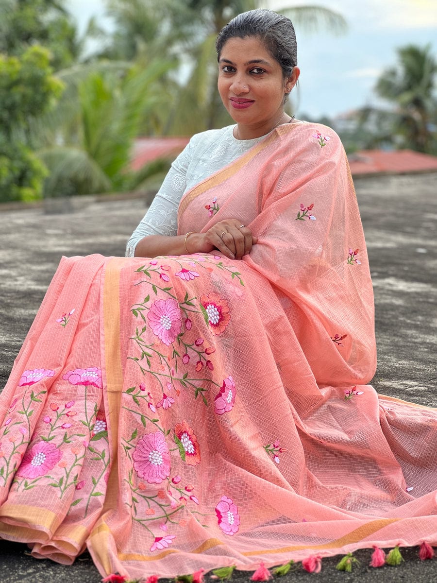 Elegant Embroidered Pink Flower Linen Saree | Embroidered Linen Saree By Rank Never Retire