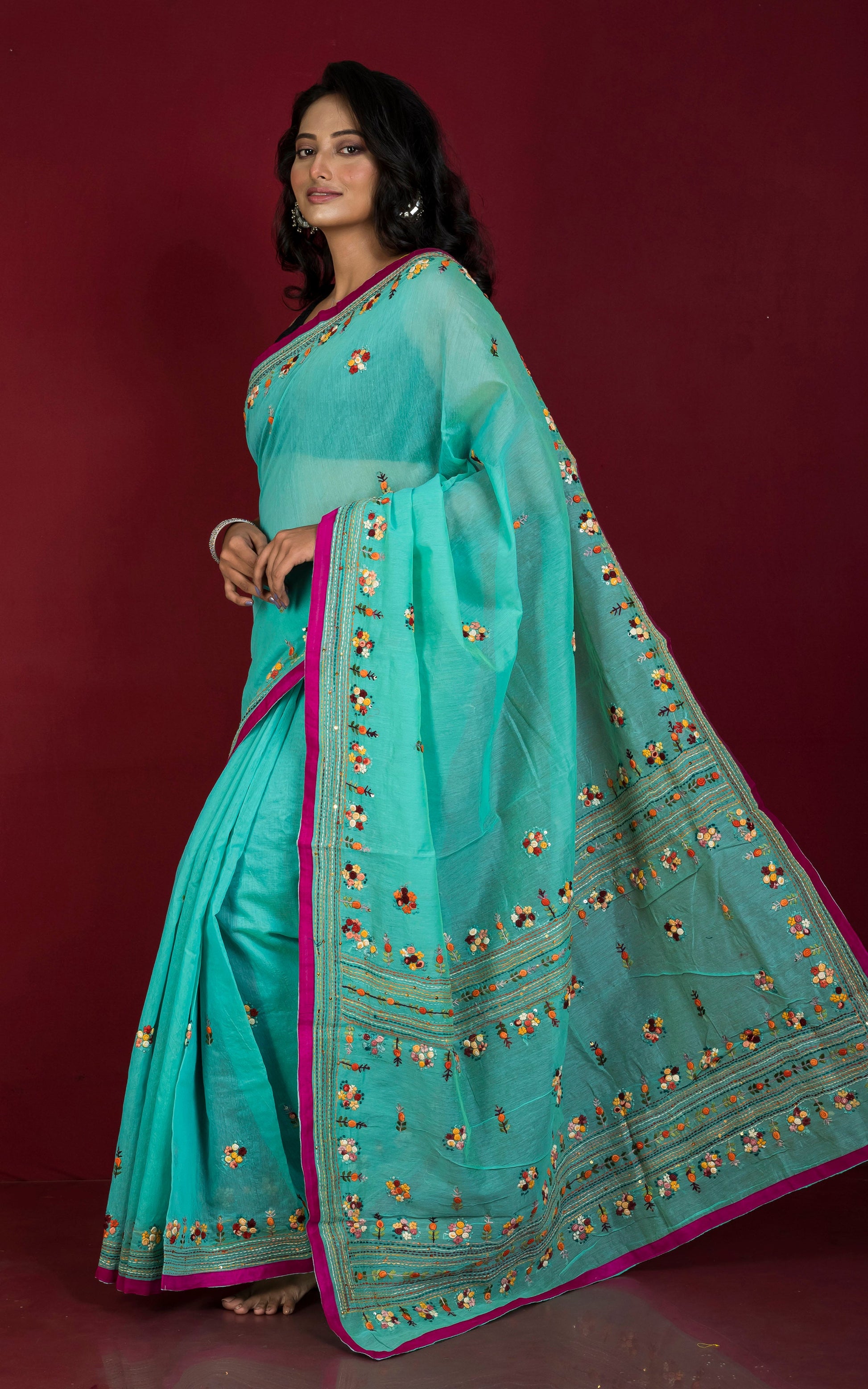 Bullion Stitch Knot Hand Work on Soft Cotton Chanderi Saree in Sea Green, Hot Pink and Multicolored Thread Work