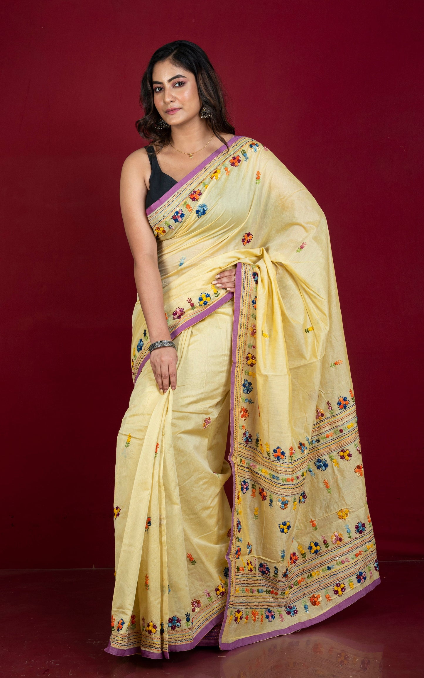 Bullion Stitch Knot Hand Work on Soft Cotton Chanderi Saree in Pastel Yellow, Purple and Multicolored Thread Work