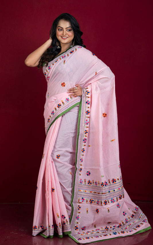 Add a touch of traditional craftsmanship to your wardrobe with our Bullion Stitch Knot Hand Work Saree. Made from soft cotton chanderi fabric, this saree features intricate powder pink, green and multicolored thread work, adding a pop of color to your ensemble. Elevate your style with this unique and vibrant saree!