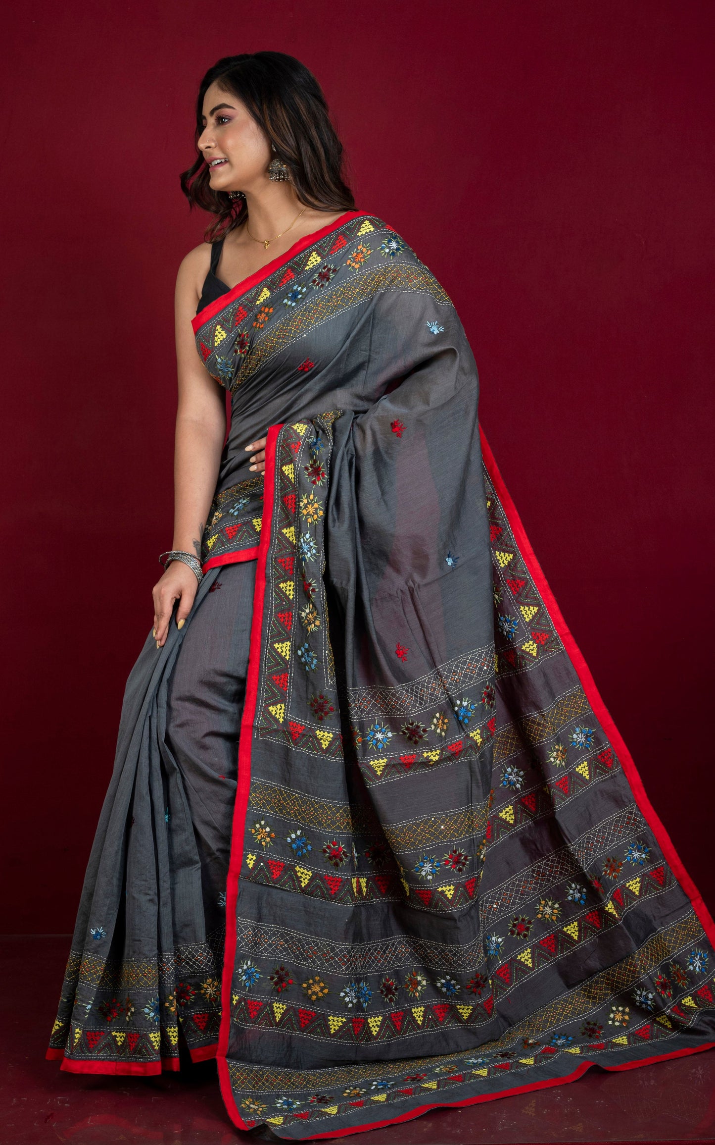 Lambani Hand Work on Soft Cotton Chanderi Saree in Lead Grey, Red and Multicolored