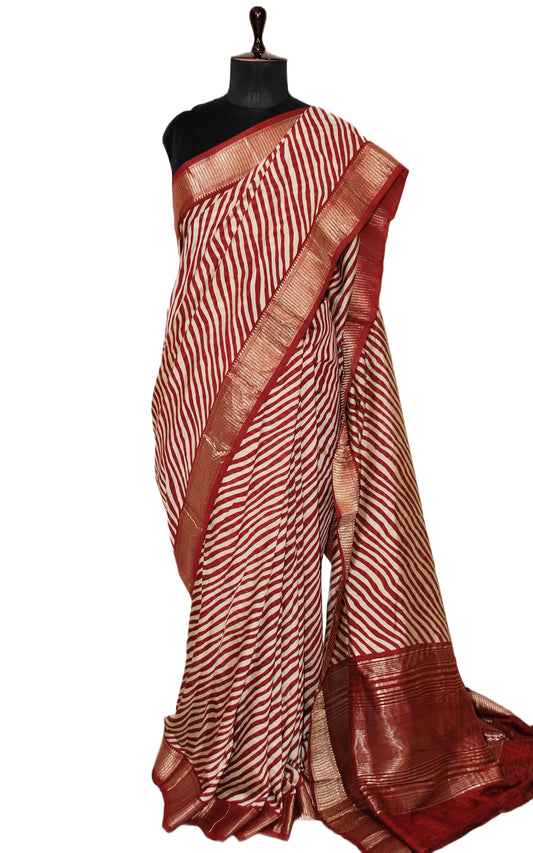 Printed Soft Chanderi Silk Saree in Garnet, Beige and Antique Gold