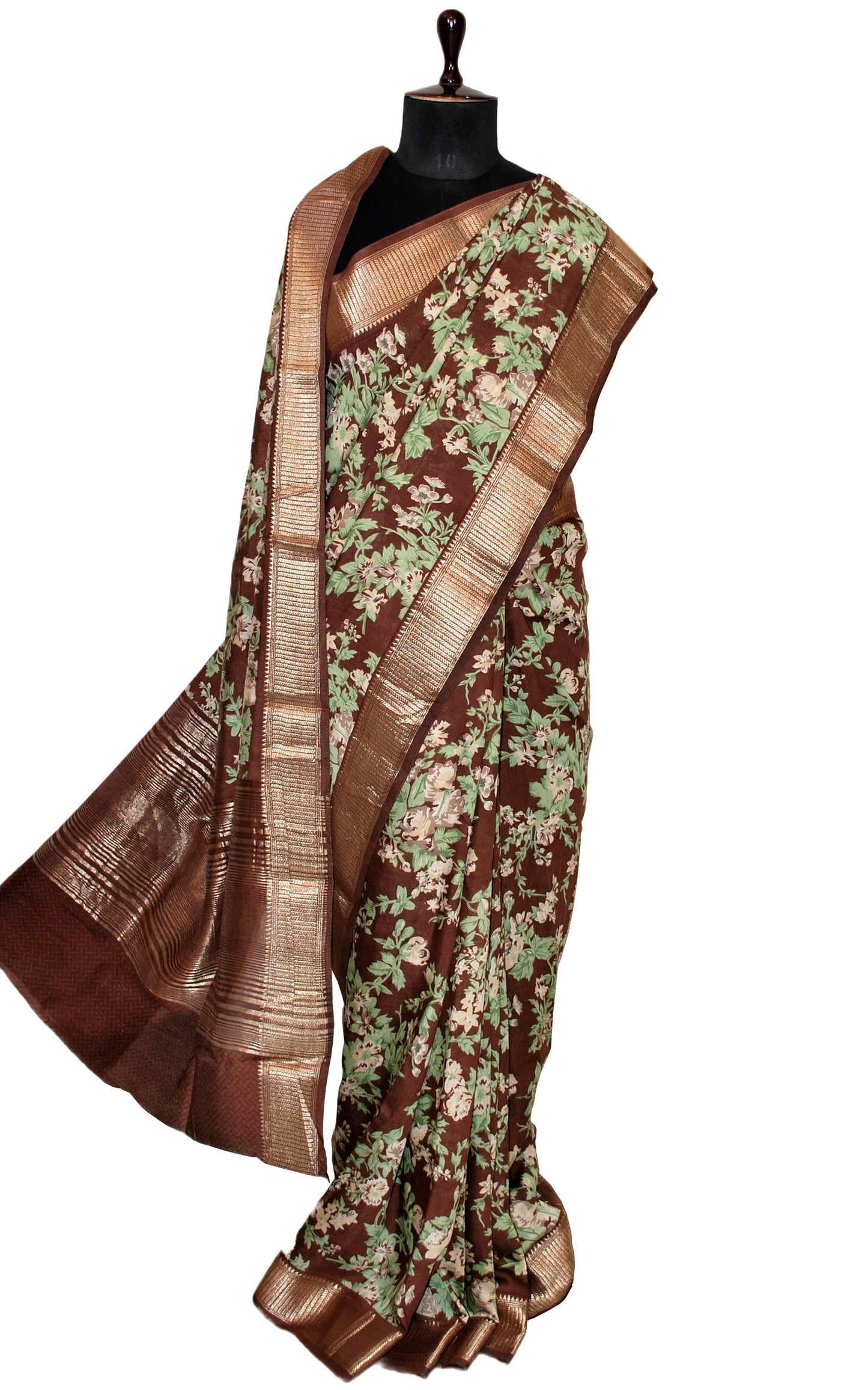 Floral Printed Soft Chanderi Silk Saree in Chocolate Brown, Turquoise Green, Beige and Antique Gold