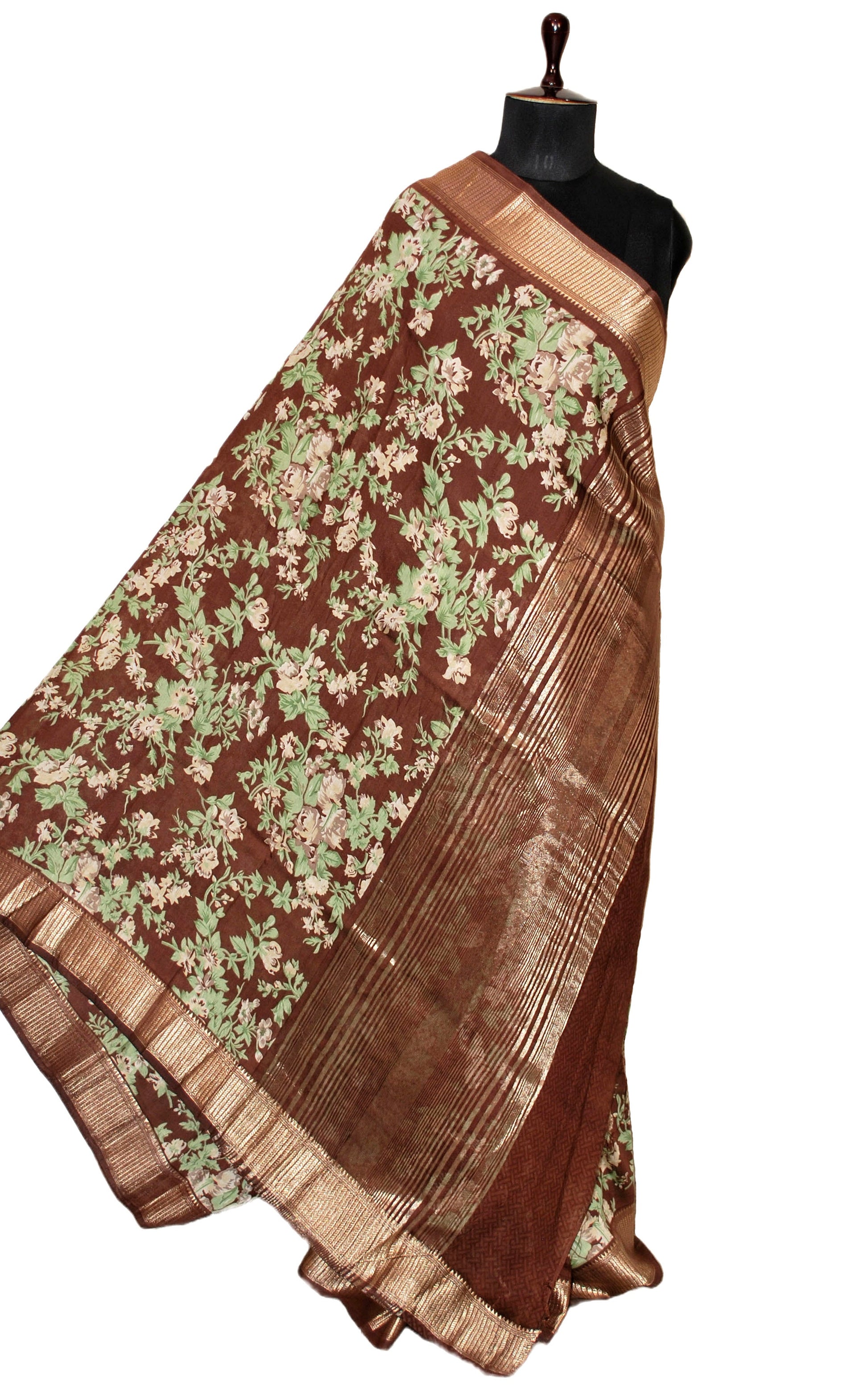 Floral Printed Soft Chanderi Silk Saree in Chocolate Brown, Turquoise Green, Beige and Antique Gold