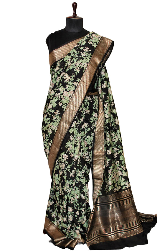 Floral Printed Soft Chanderi Silk Saree in Black, Turquoise Green, Beige and Antique Gold