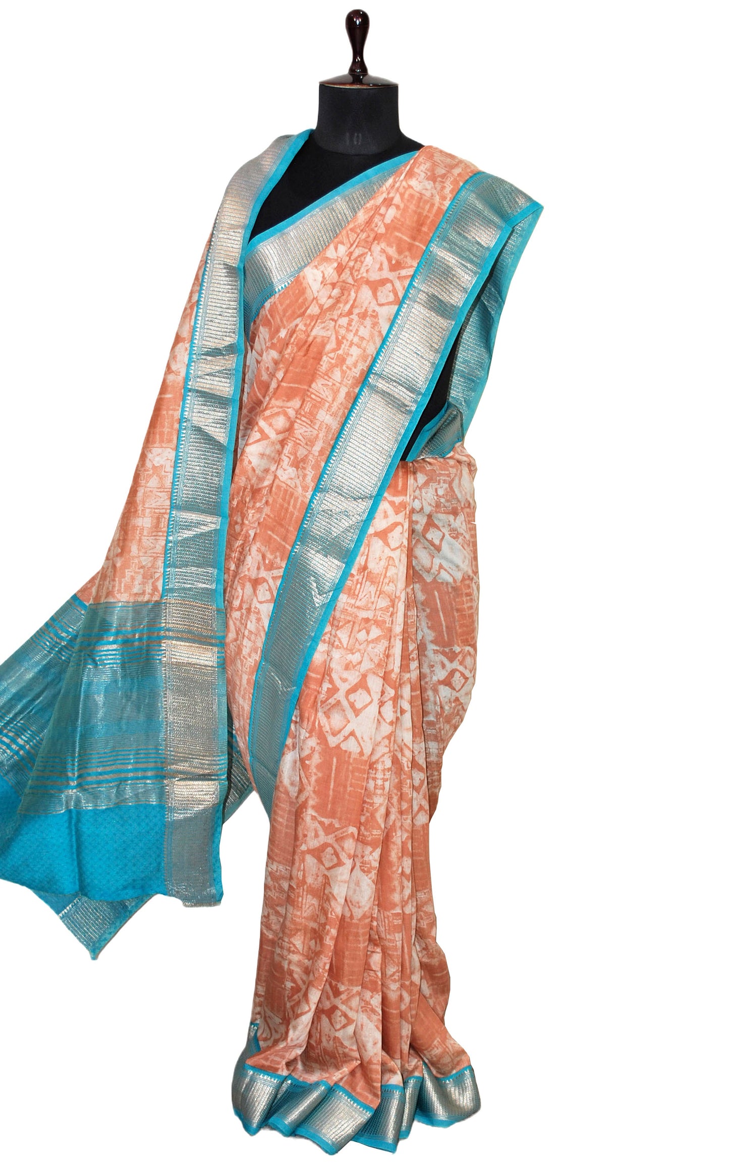 Printed Soft Chanderi Silk Saree in Creamy Peach, Off White, Olympic Blue and Antique Gold