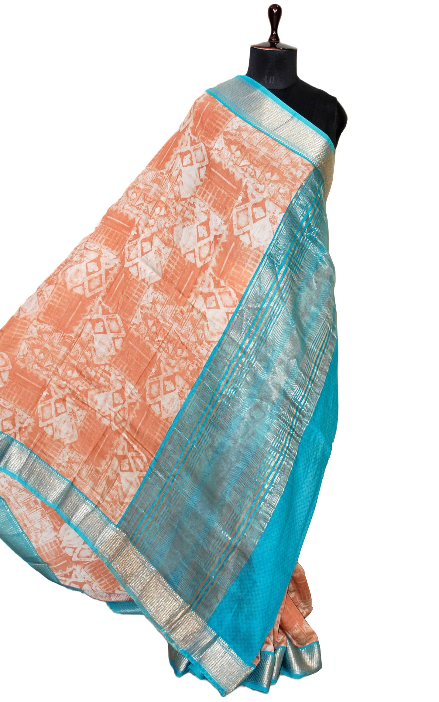 Printed Soft Chanderi Silk Saree in Creamy Peach, Off White, Olympic Blue and Antique Gold