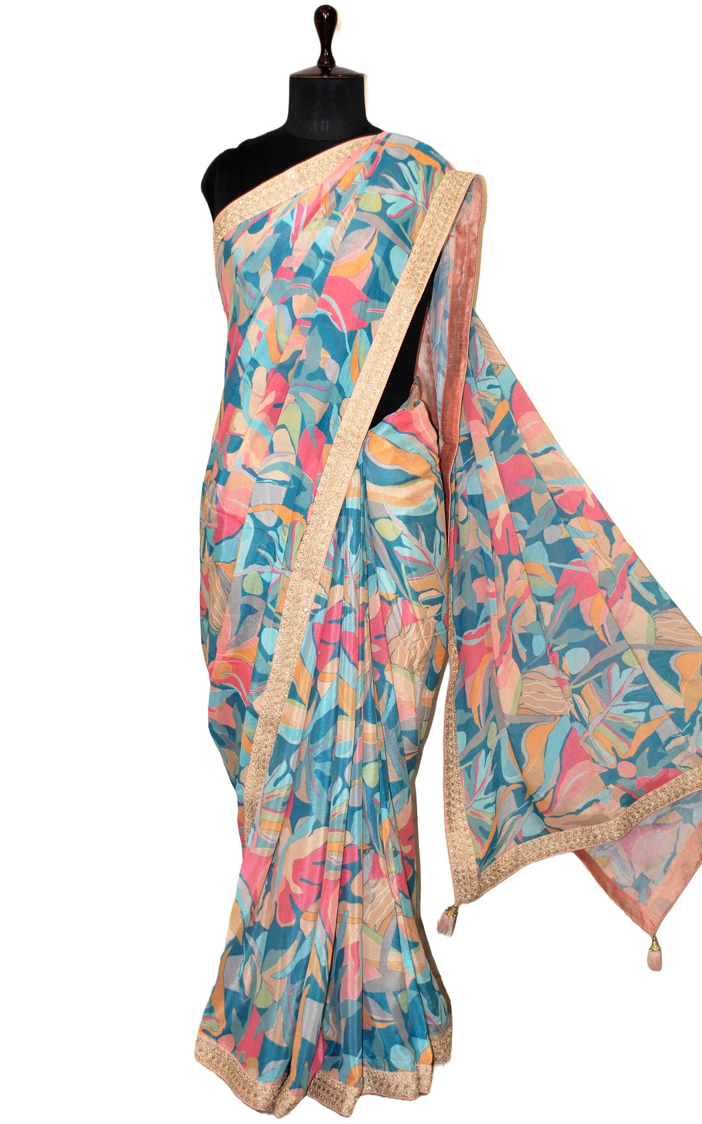 Designer Chinon Crepe Silk Zardozi Saree in Blue, Peach and Multicolored Prints