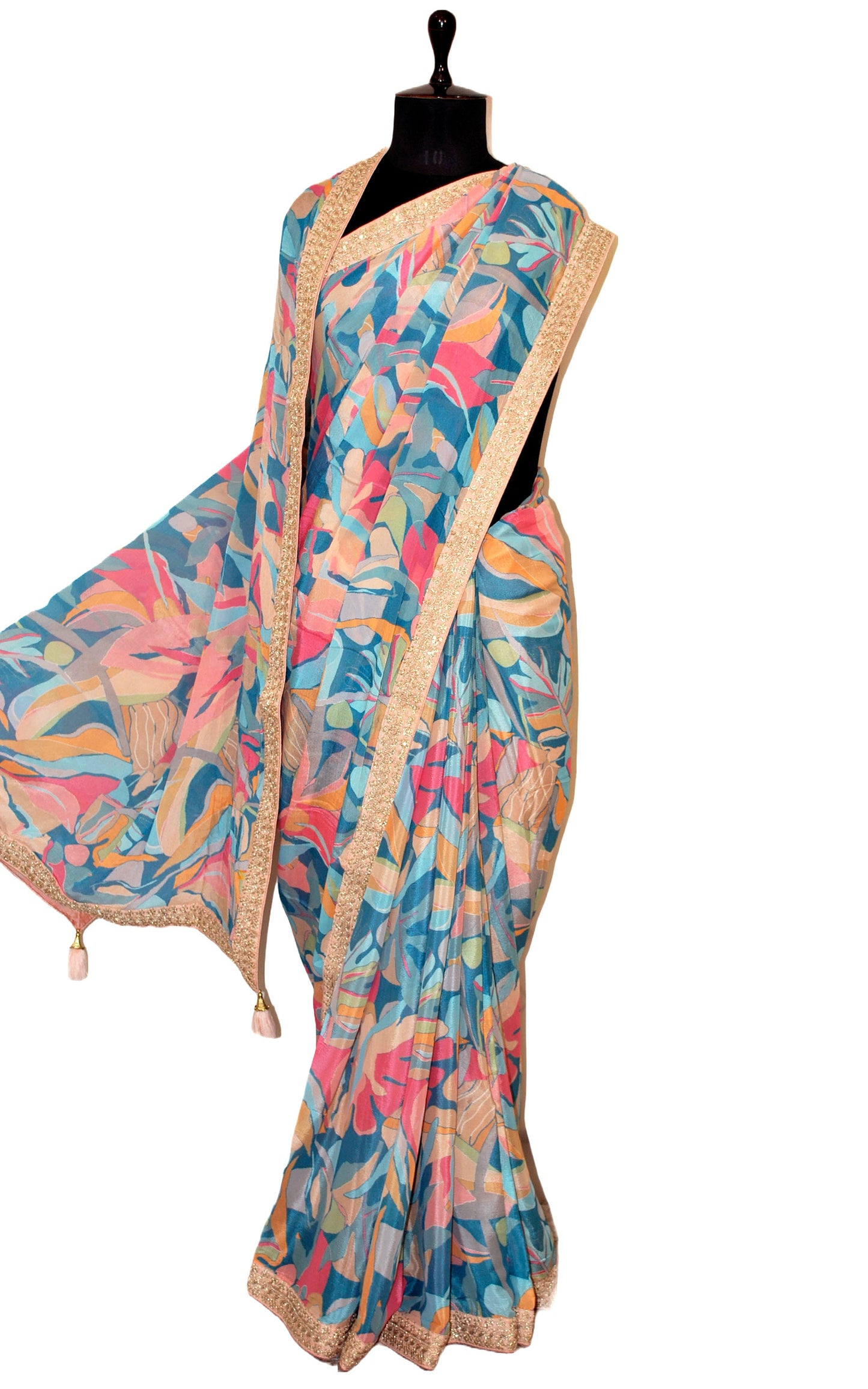 Designer Chinon Crepe Silk Zardozi Saree in Blue, Peach and Multicolored Prints