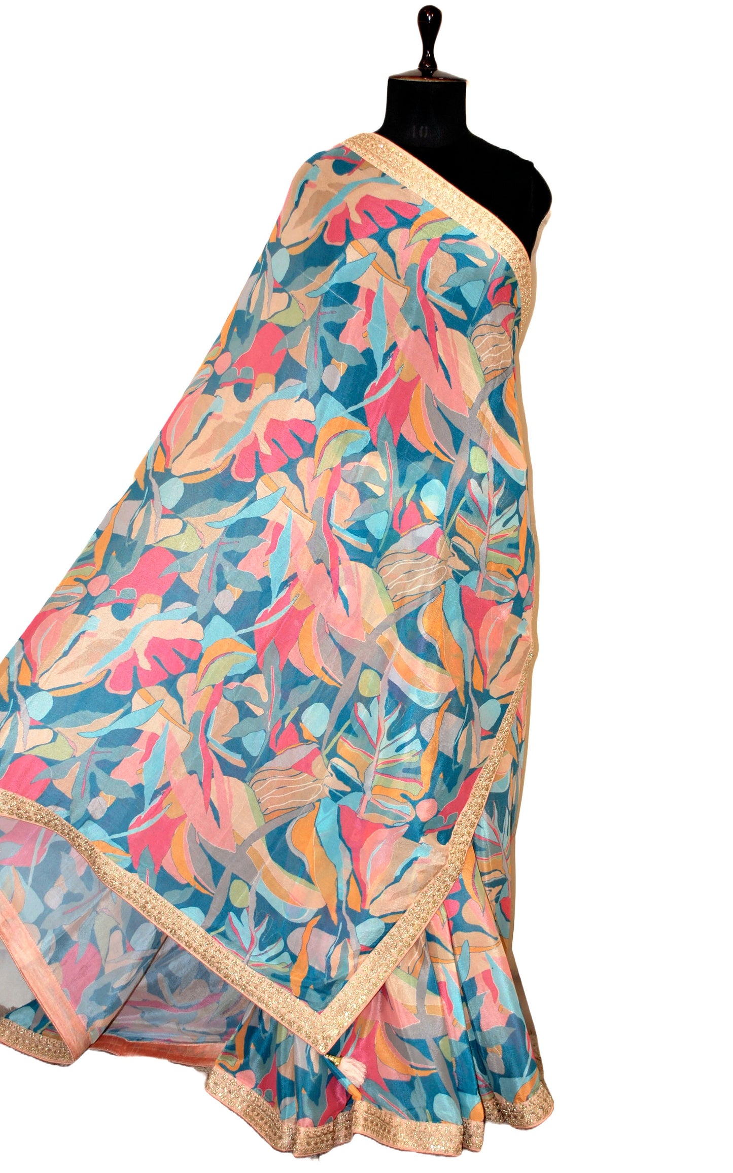 Designer Chinon Crepe Silk Zardozi Saree in Blue, Peach and Multicolored Prints