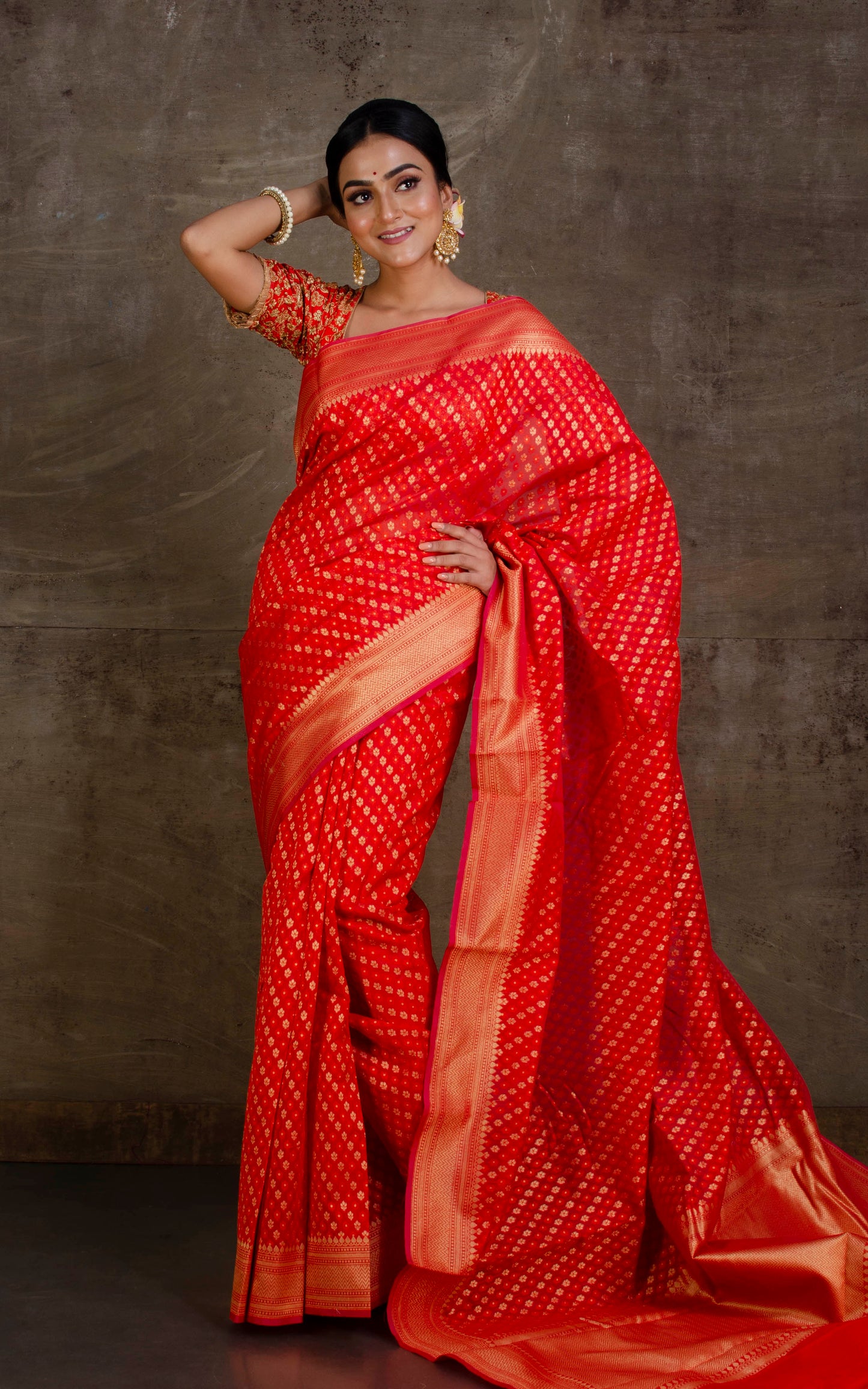 Handwoven Cotton Chanderi Saree in Red and Muted Gold Matte Zari Work