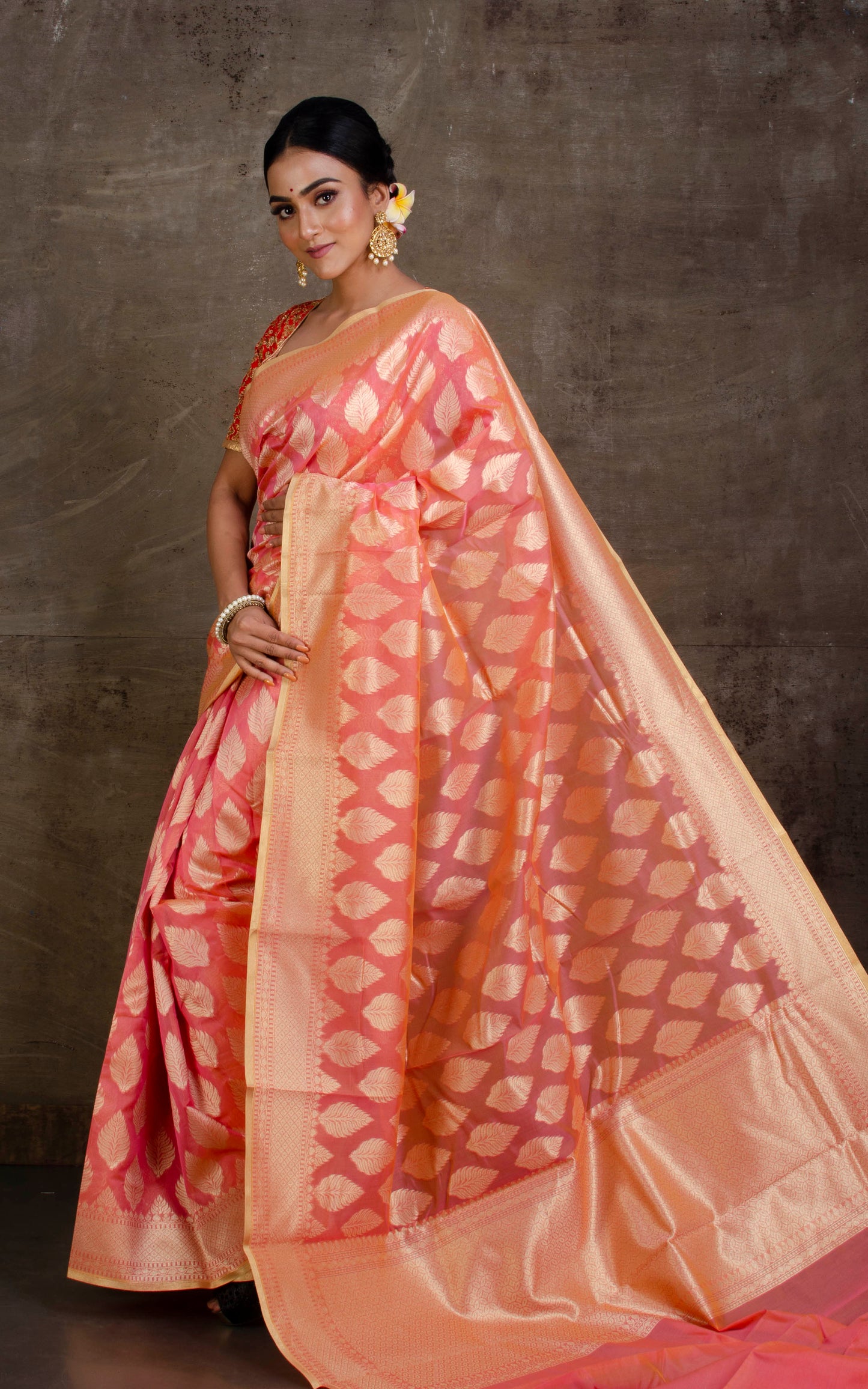 Handwoven Cotton Chanderi Saree in Salmon Pink and Muted Gold