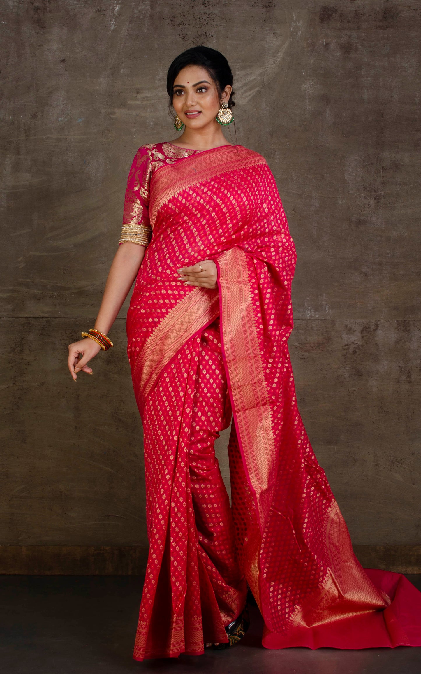 Handwoven Cotton Chanderi Saree in Hot Pink and Muted Gold Matte Zari Work