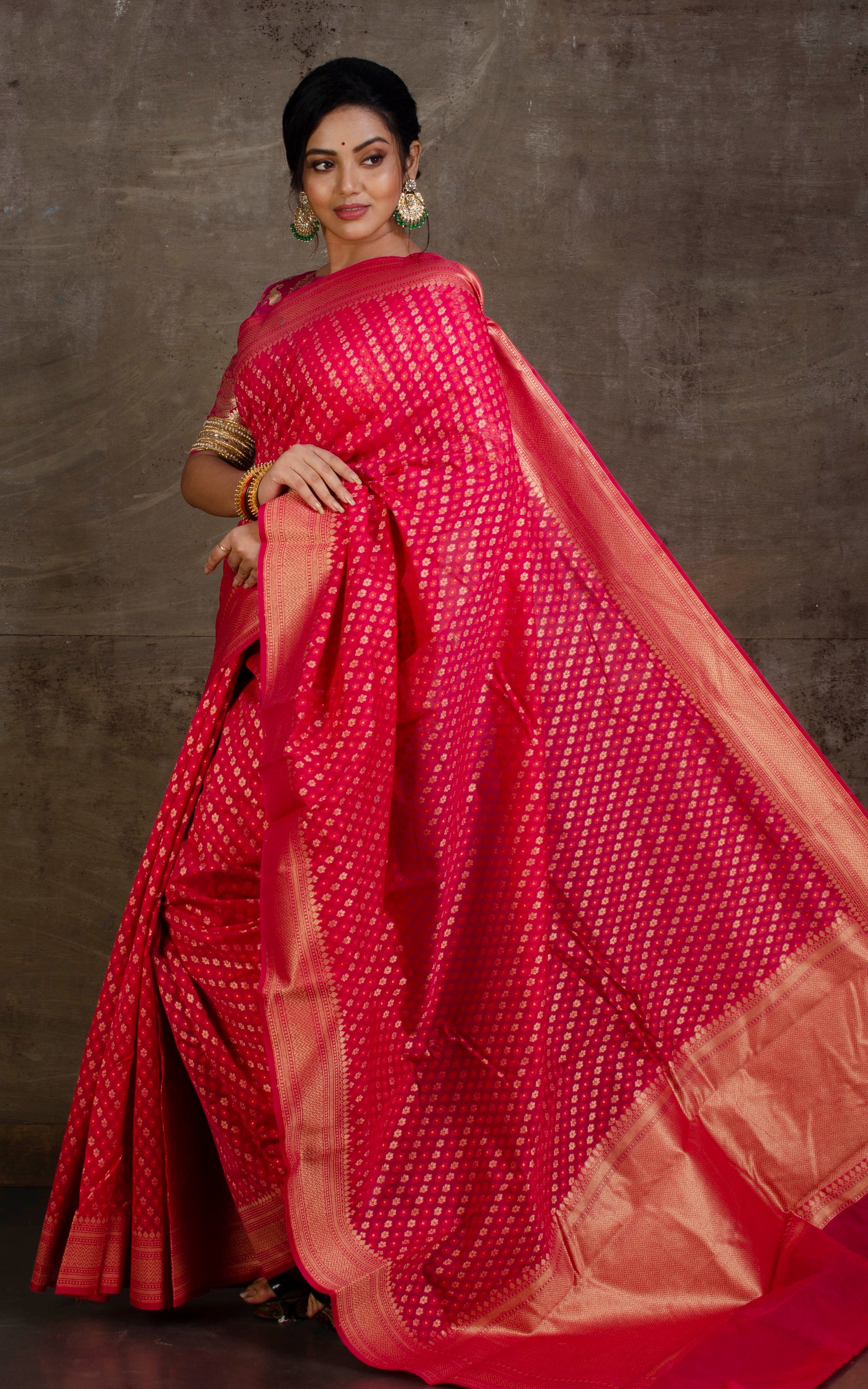 Handwoven Cotton Chanderi Saree in Hot Pink and Muted Gold Matte Zari Work