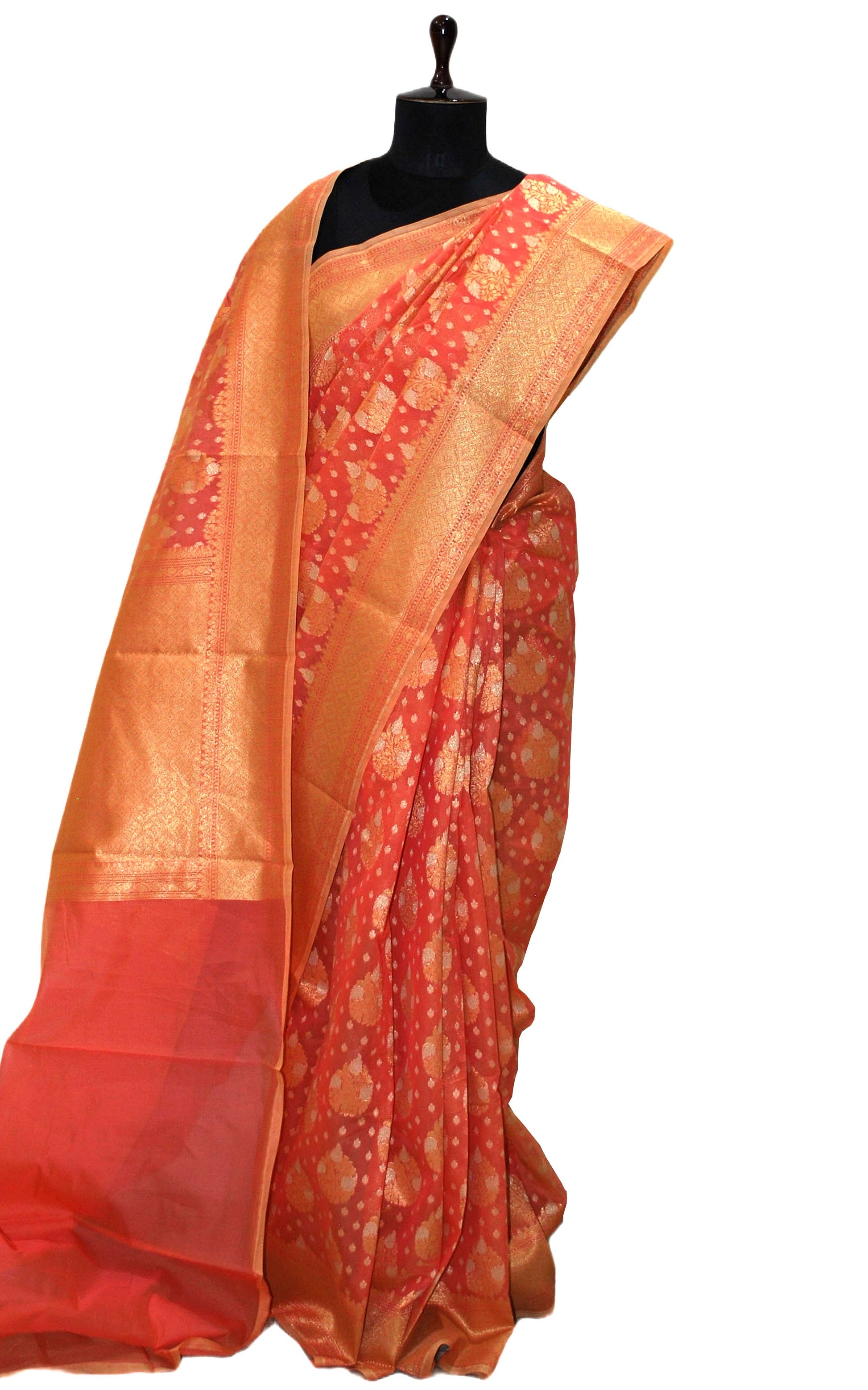 Handwoven Cotton Chanderi Saree in Sunset Orange and Muted Gold