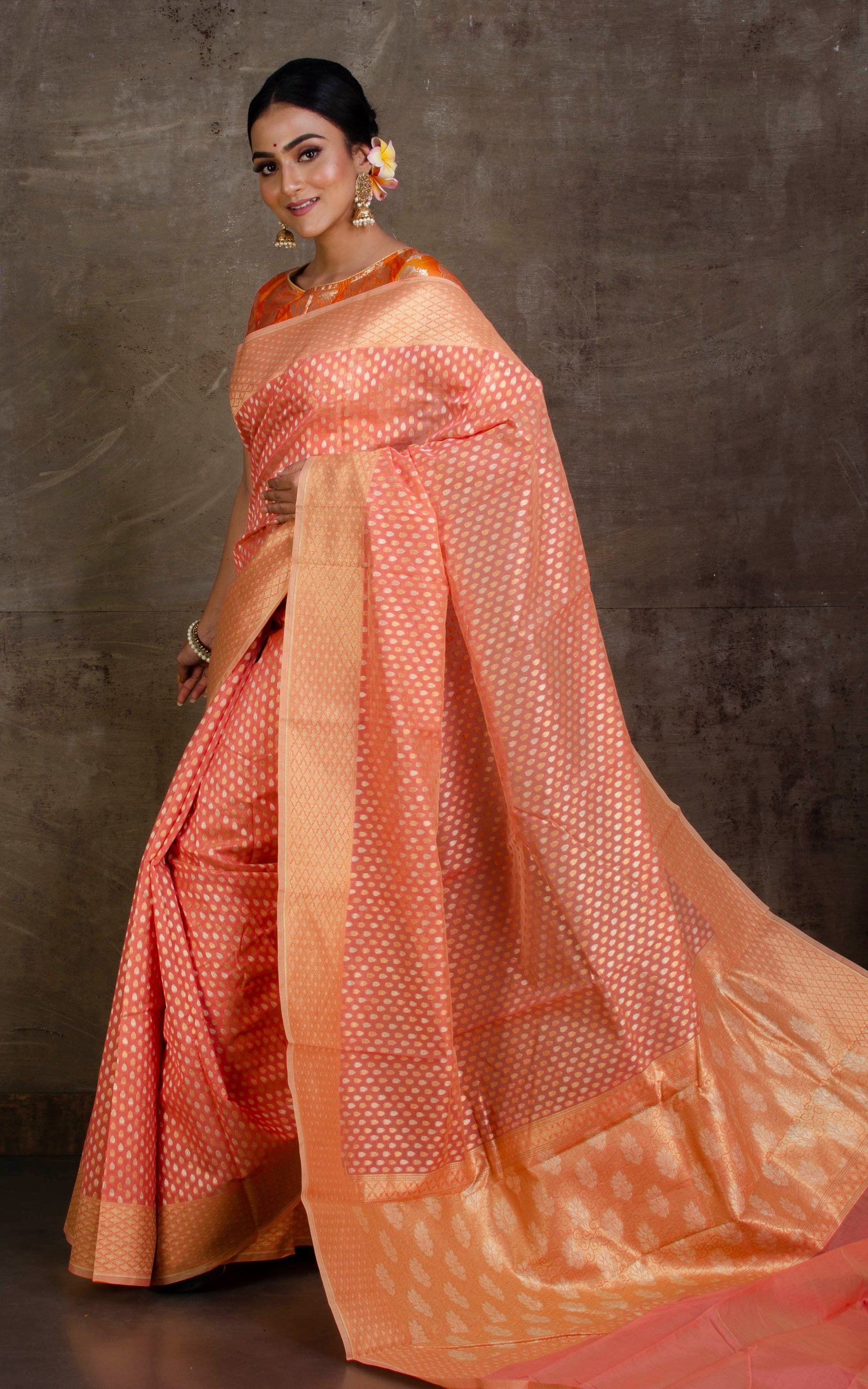 Handwoven Cotton Chanderi Saree in Peach, Silver and Muted Gold Matte Zari Work