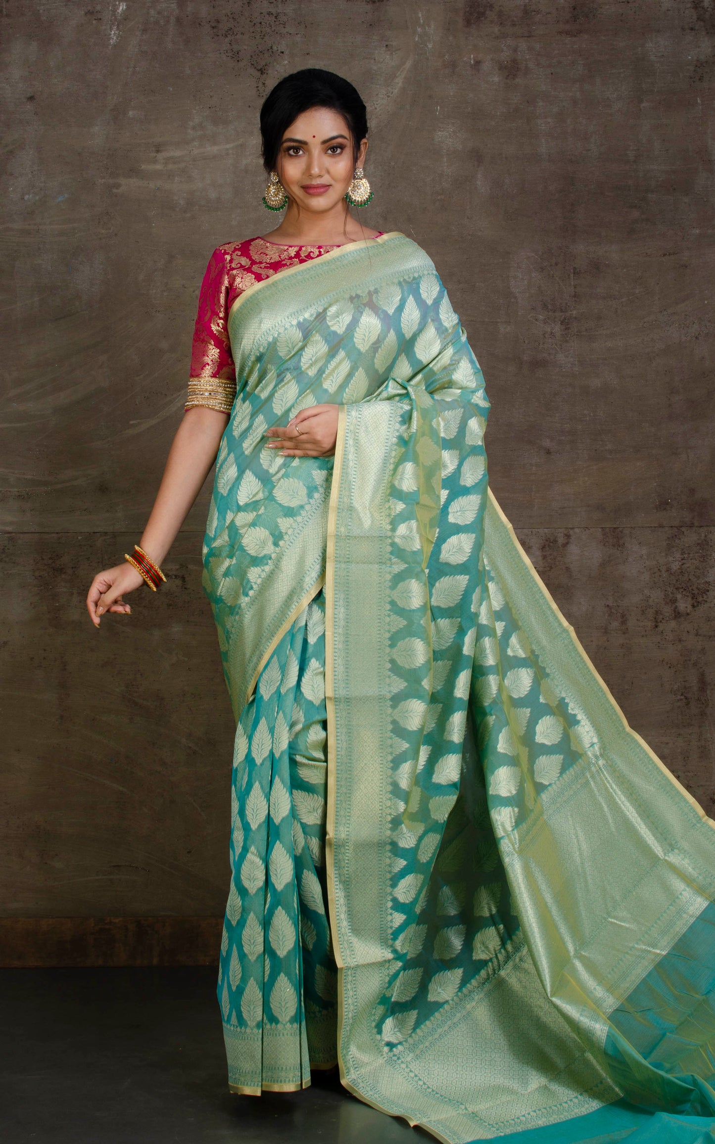 Handwoven Cotton Chanderi Saree in Lucite Green, Beige and Muted Gold