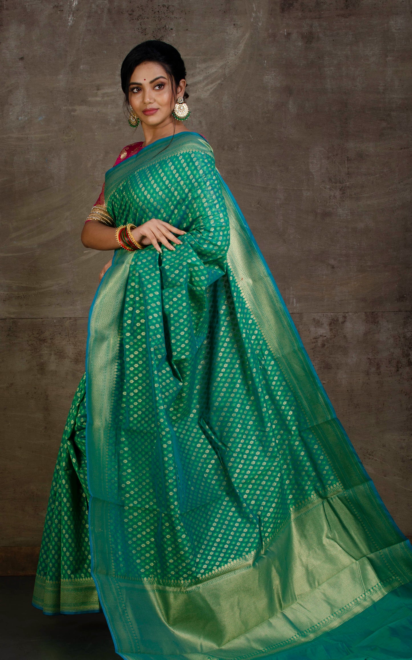 Handwoven Cotton Chanderi Saree in Jade Green, Blue and Muted Gold Matte Zari Work