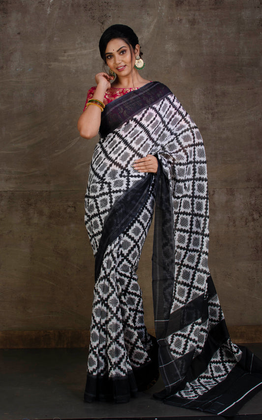 Ikkat Printed Mercerized Cotton saree in Off White and Black