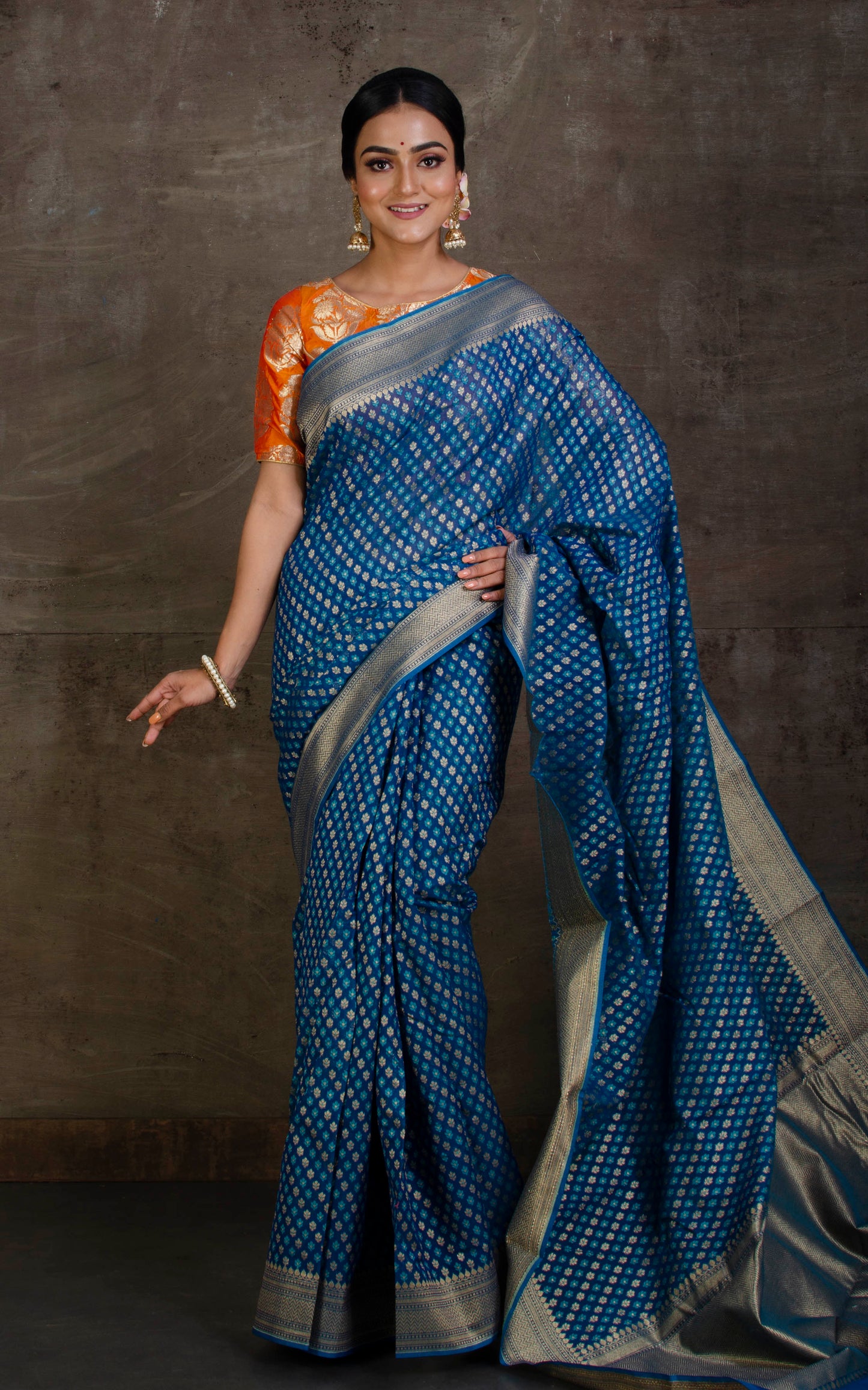 Handwoven Cotton Chanderi Saree in Saphhire Blue and Muted Gold Matte Zari Work