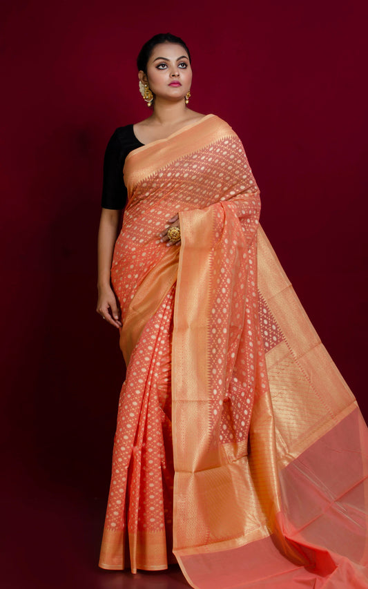 Handwoven Cotton Banarasi Saree in Soap Orange and Muted Gold Matte Zari Work