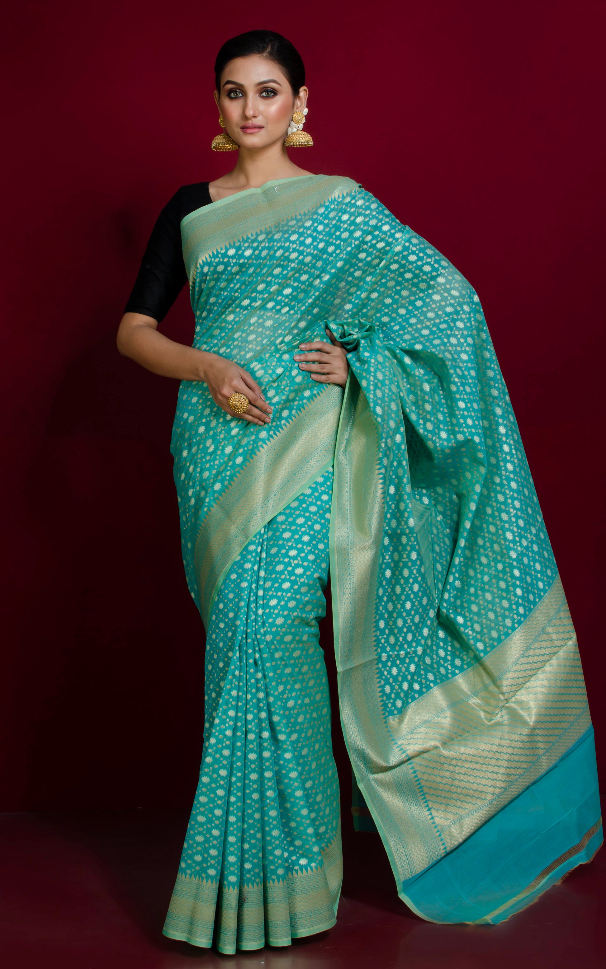 Handwoven Cotton Banarasi Saree in Sea Green and Muted Gold Matte Zari Work