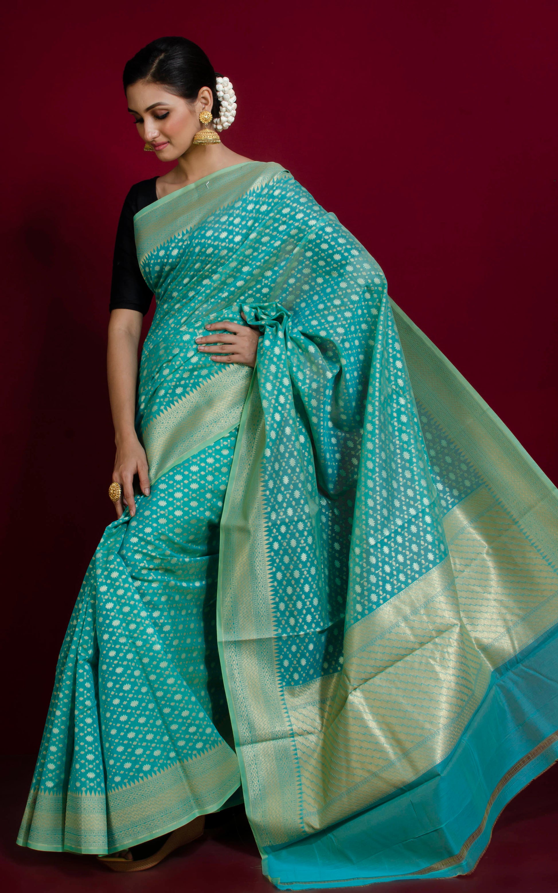 Handwoven Cotton Banarasi Saree in Sea Green and Muted Gold Matte Zari Work