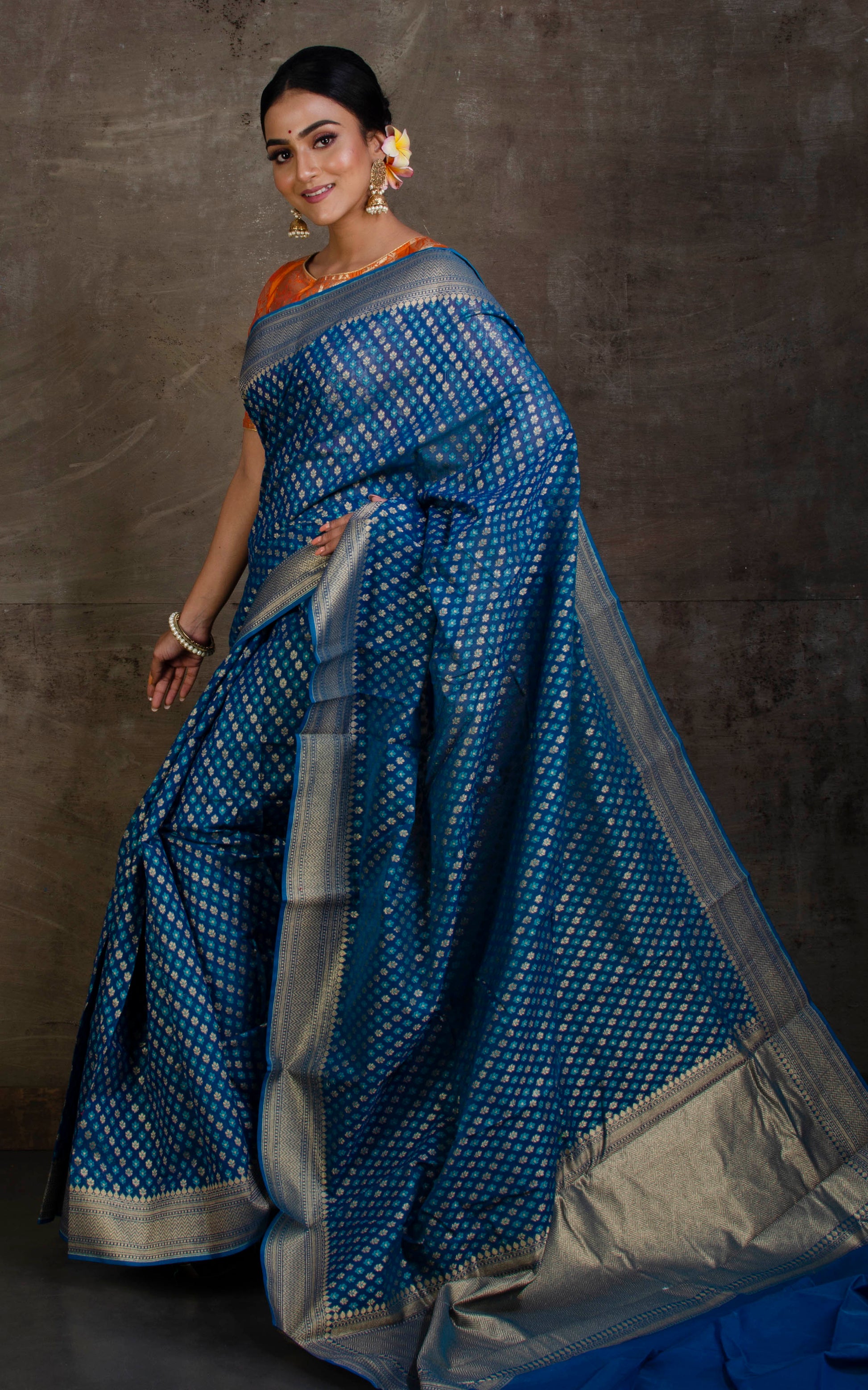 Handwoven Cotton Chanderi Saree in Saphhire Blue and Muted Gold Matte Zari Work