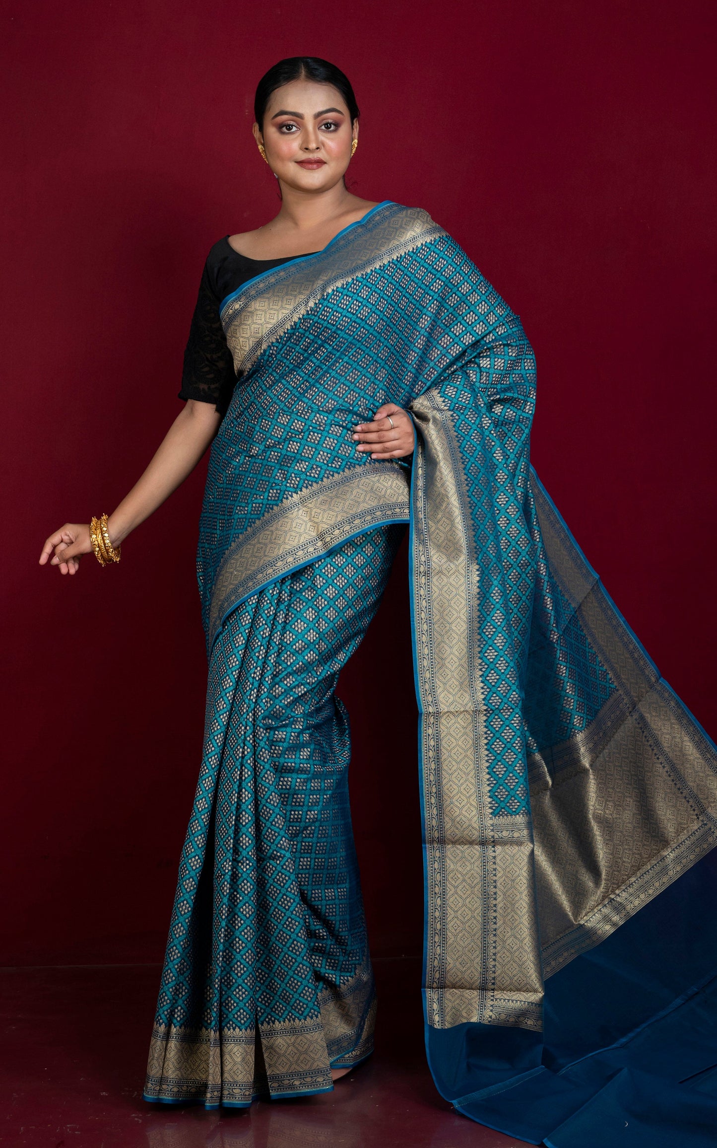 Handwoven Bandhani Pattern Work Cotton Chanderi Saree in Capri Blue and Gold Matte Zari Work