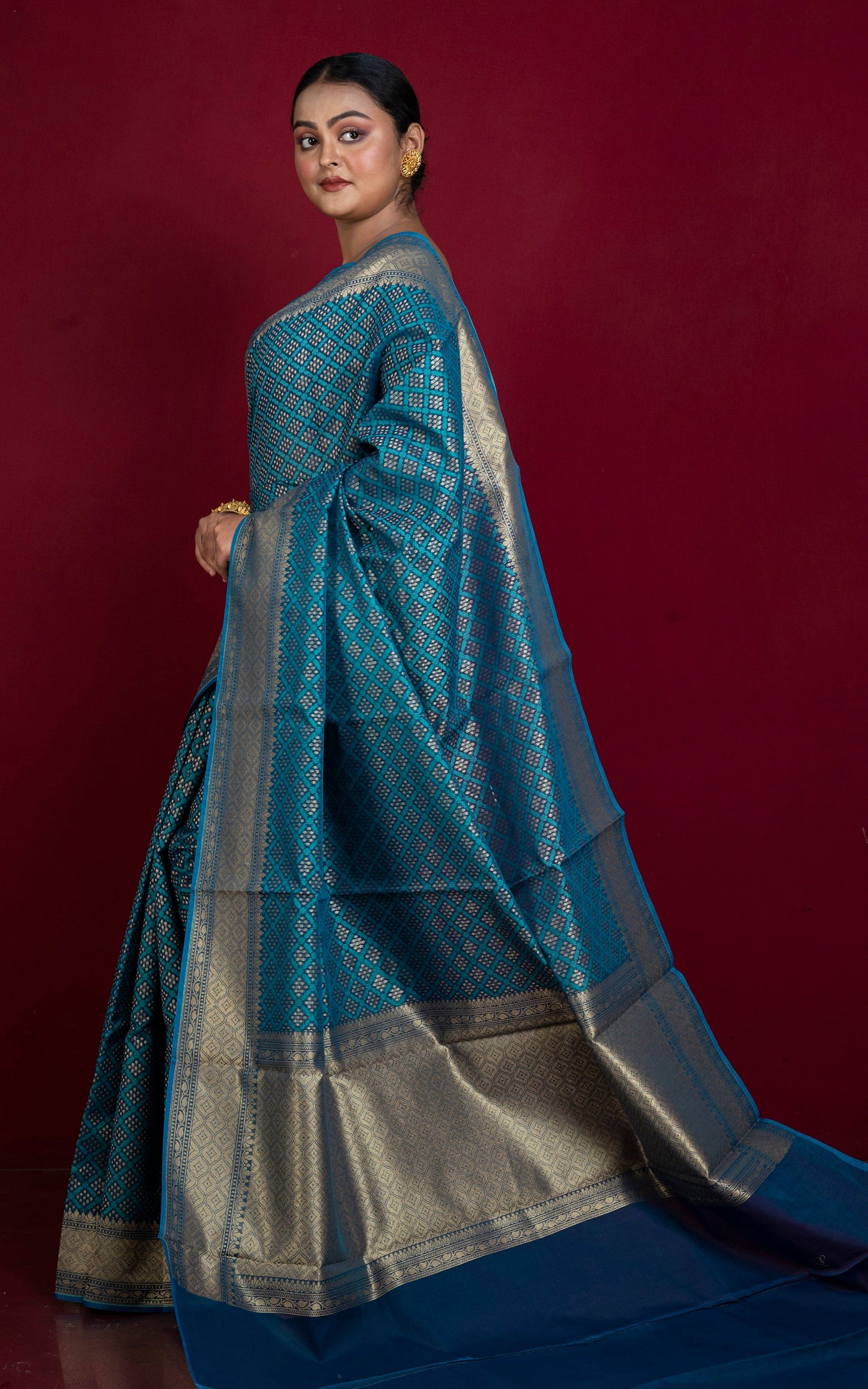 Handwoven Bandhani Pattern Work Cotton Chanderi Saree in Capri Blue and Gold Matte Zari Work