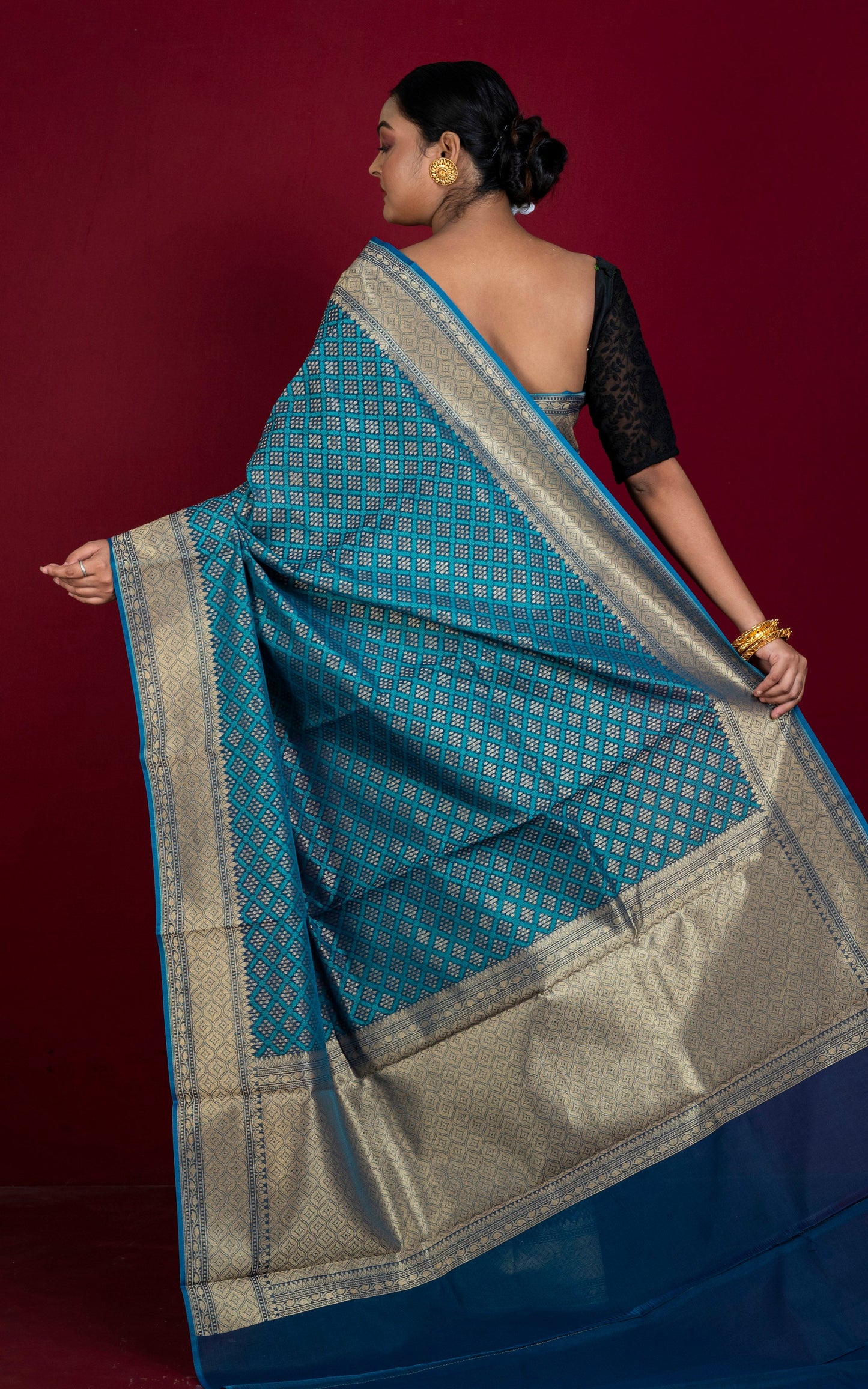 Handwoven Bandhani Pattern Work Cotton Chanderi Saree in Capri Blue and Gold Matte Zari Work