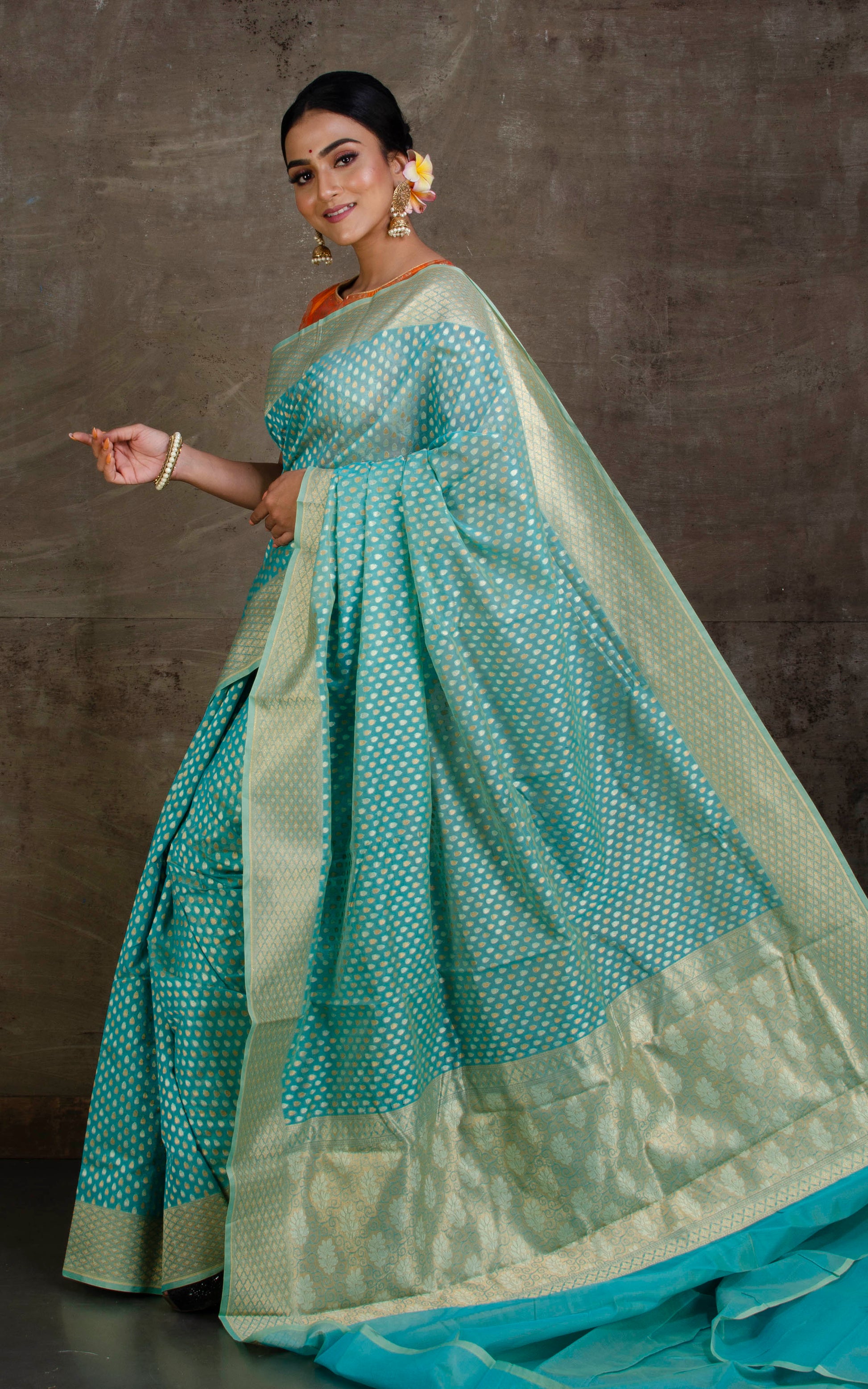 Handwoven Cotton Chanderi Saree in Greenish Cyan. Silver and Muted Gold