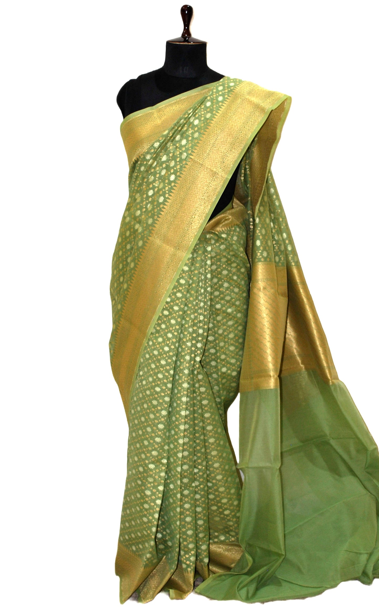 Handwoven Cotton Banarasi Saree in Asparagus Green and Muted Gold Matte Zari Work