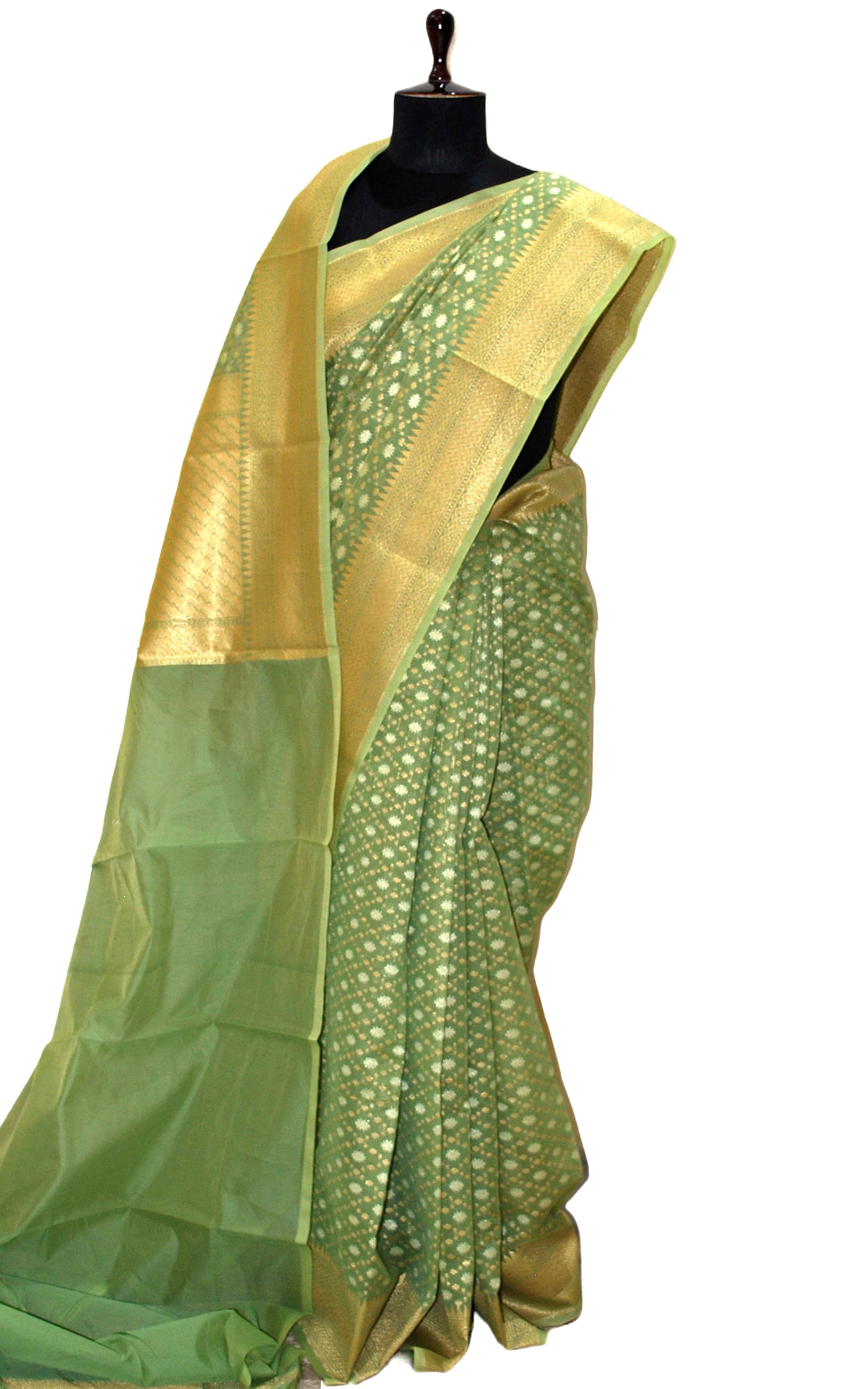 Handwoven Cotton Banarasi Saree in Asparagus Green and Muted Gold Matte Zari Work